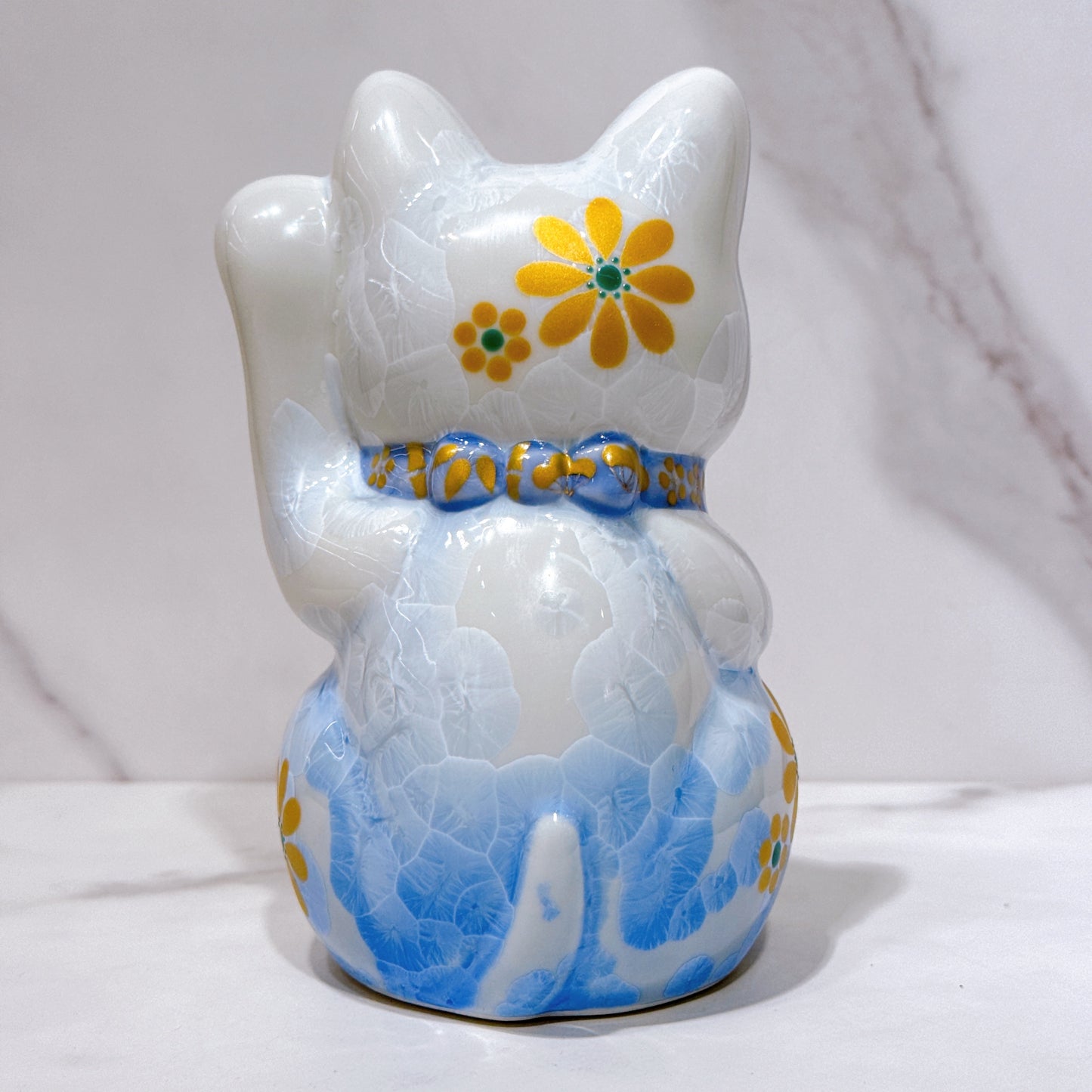 日本清水燒招財貓 花結晶 青白 体花 千万両 左