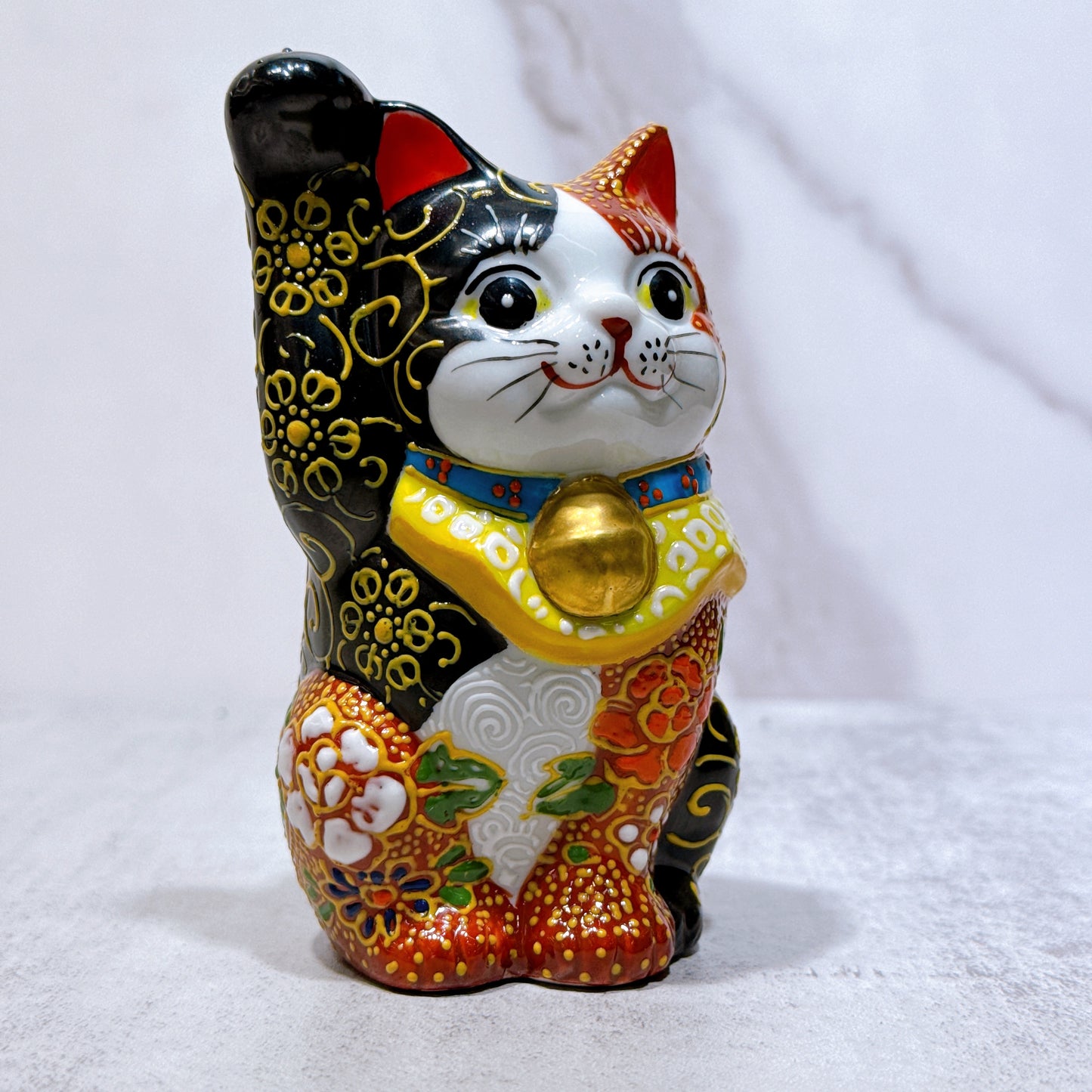 日本九谷燒招財貓 赤黑華盛 3.7號