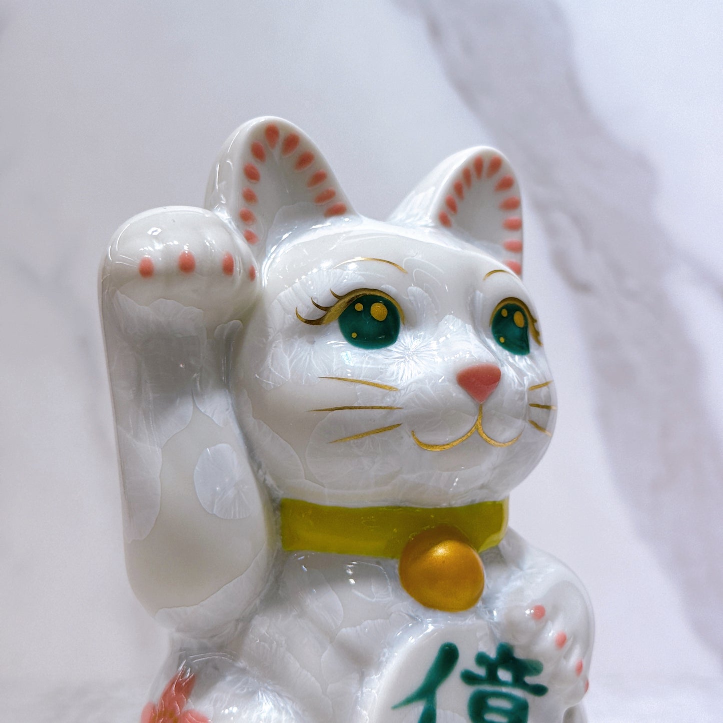 日本清水燒招財貓 花結晶 白 体花 億万両 右