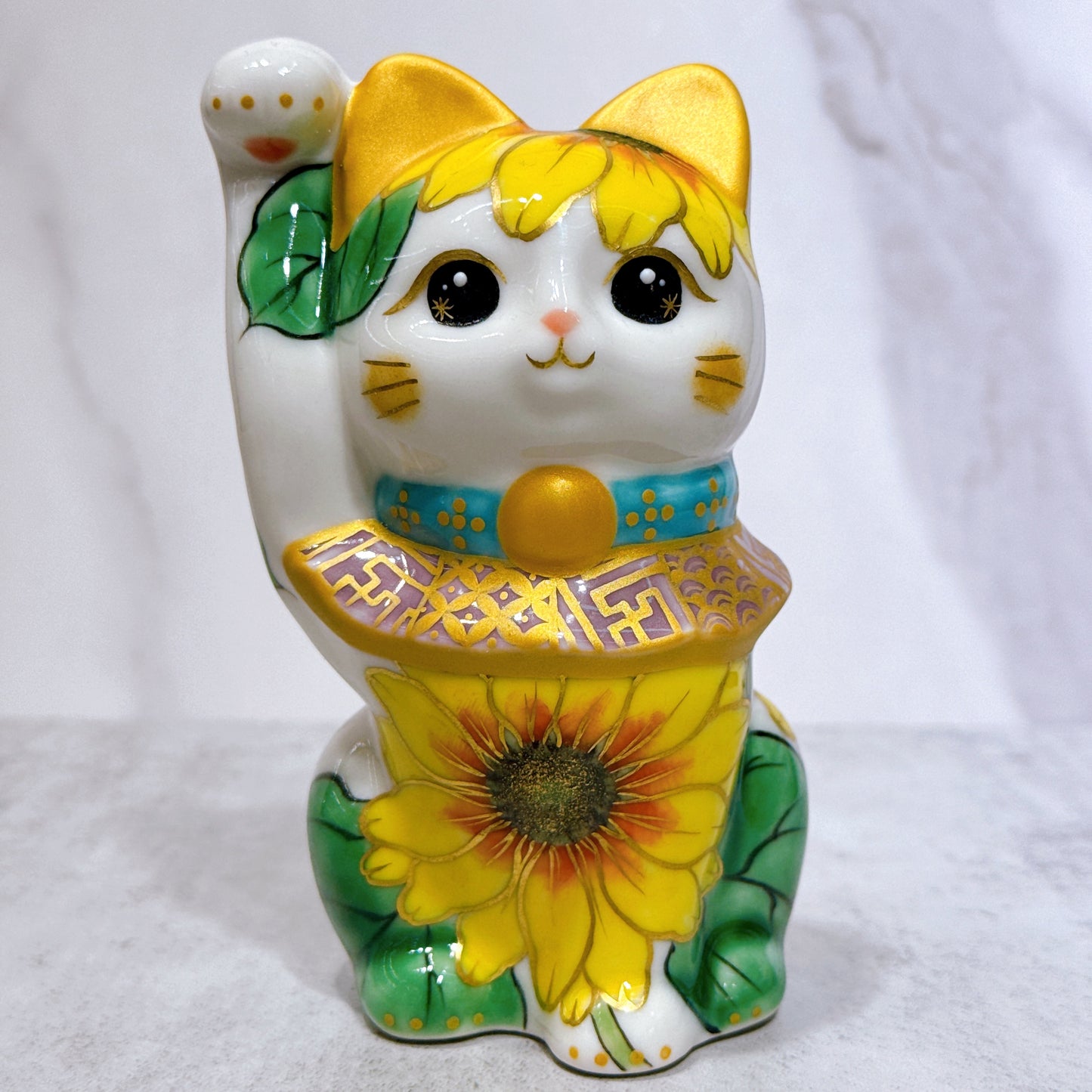 日本清水燒招財貓 色繪 向日葵
