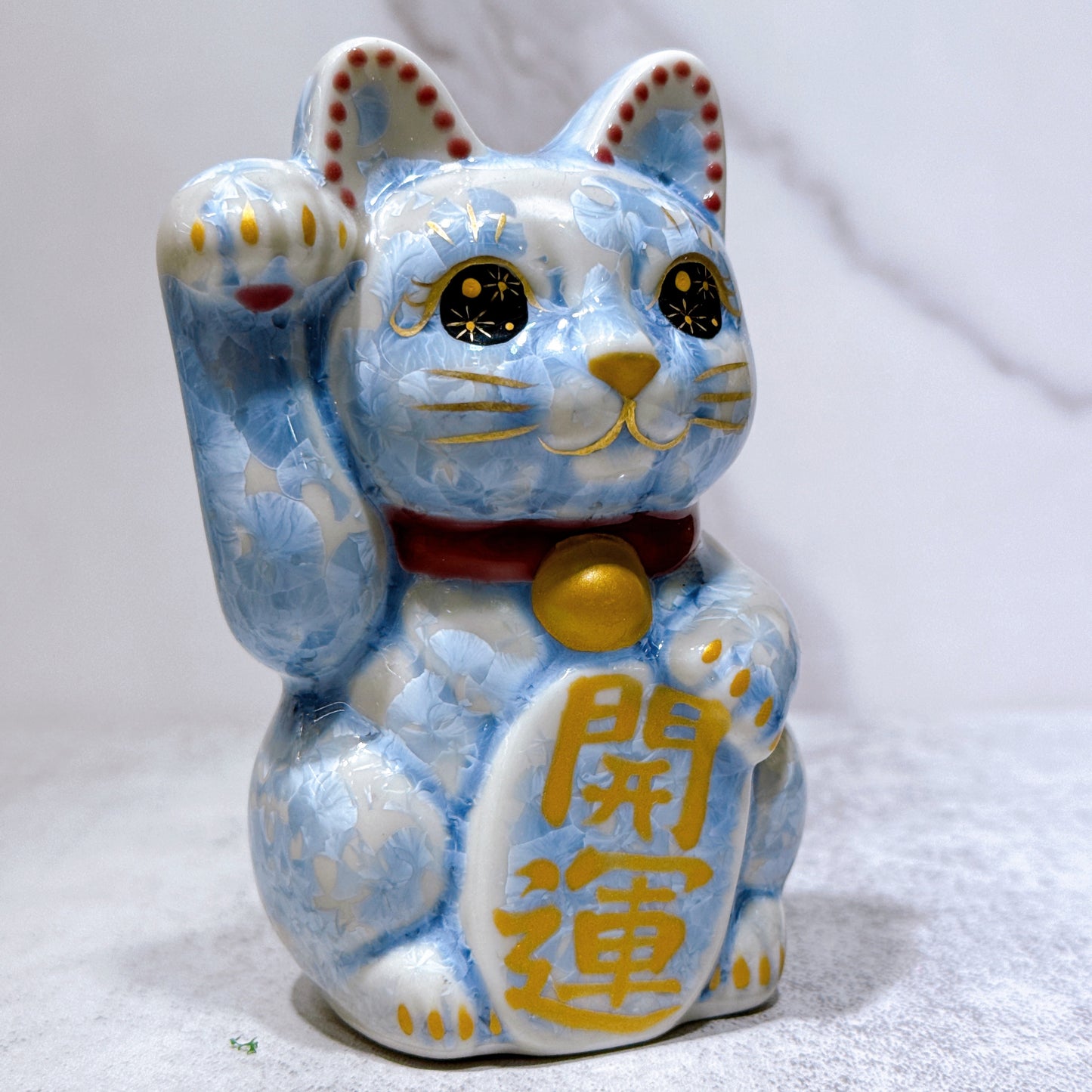 日本清水燒招財貓 花結晶 銀藤 開運 右 特小