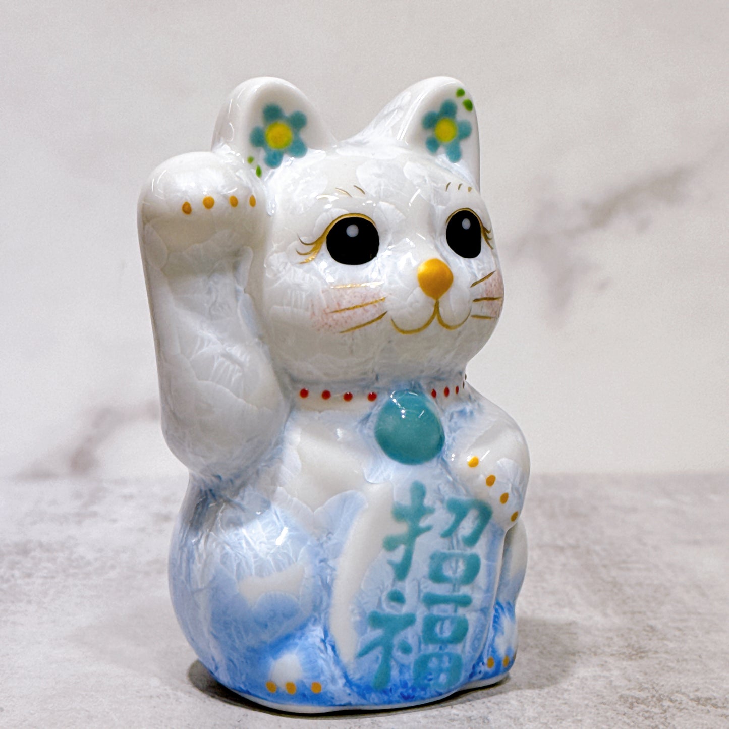 日本清水燒招財貓 花結晶 青白 右 特小