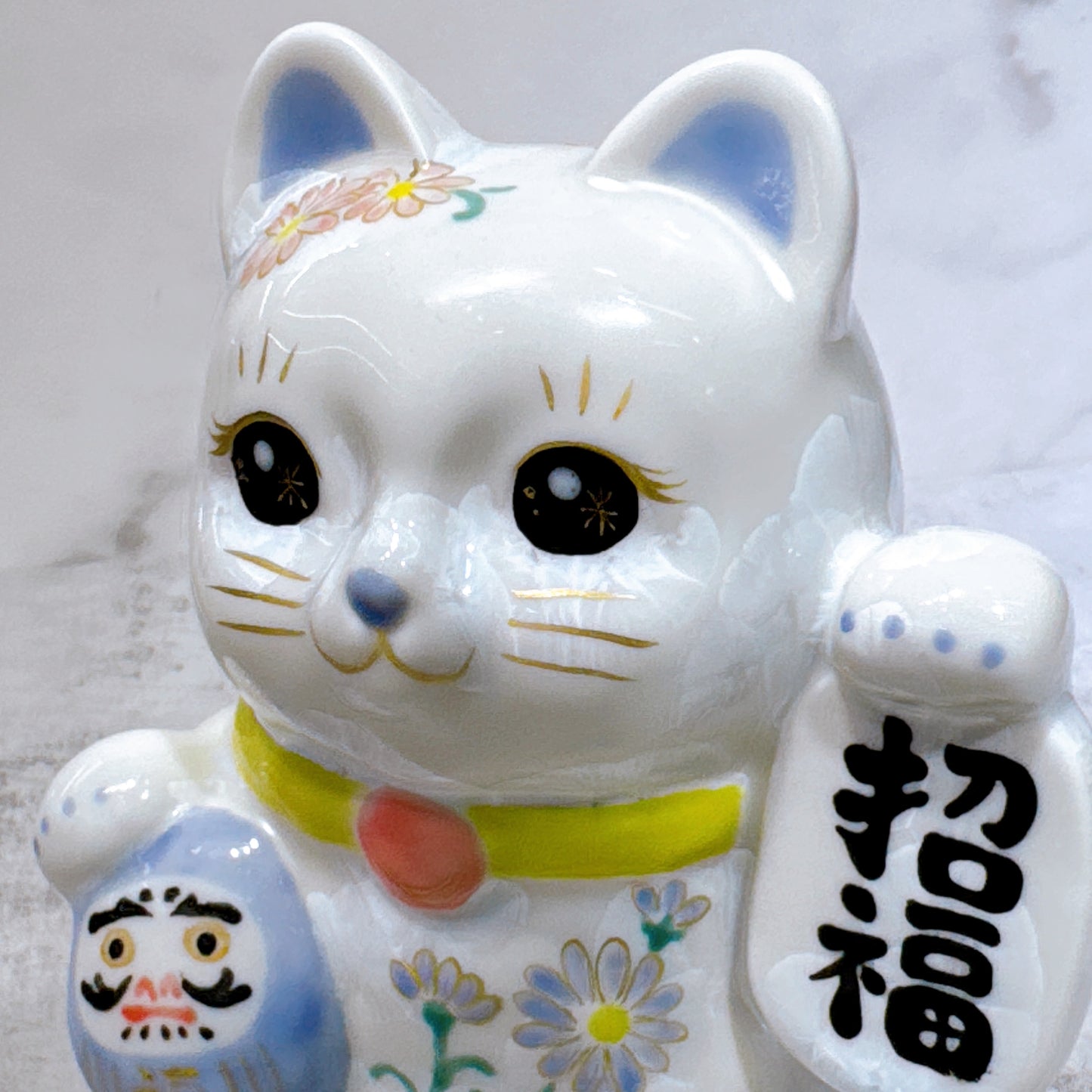 日本清水燒招財貓 達摩 花結晶 白 体花