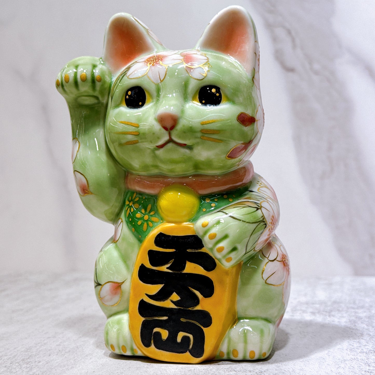 日本清水燒招財貓 色繪 織部櫻