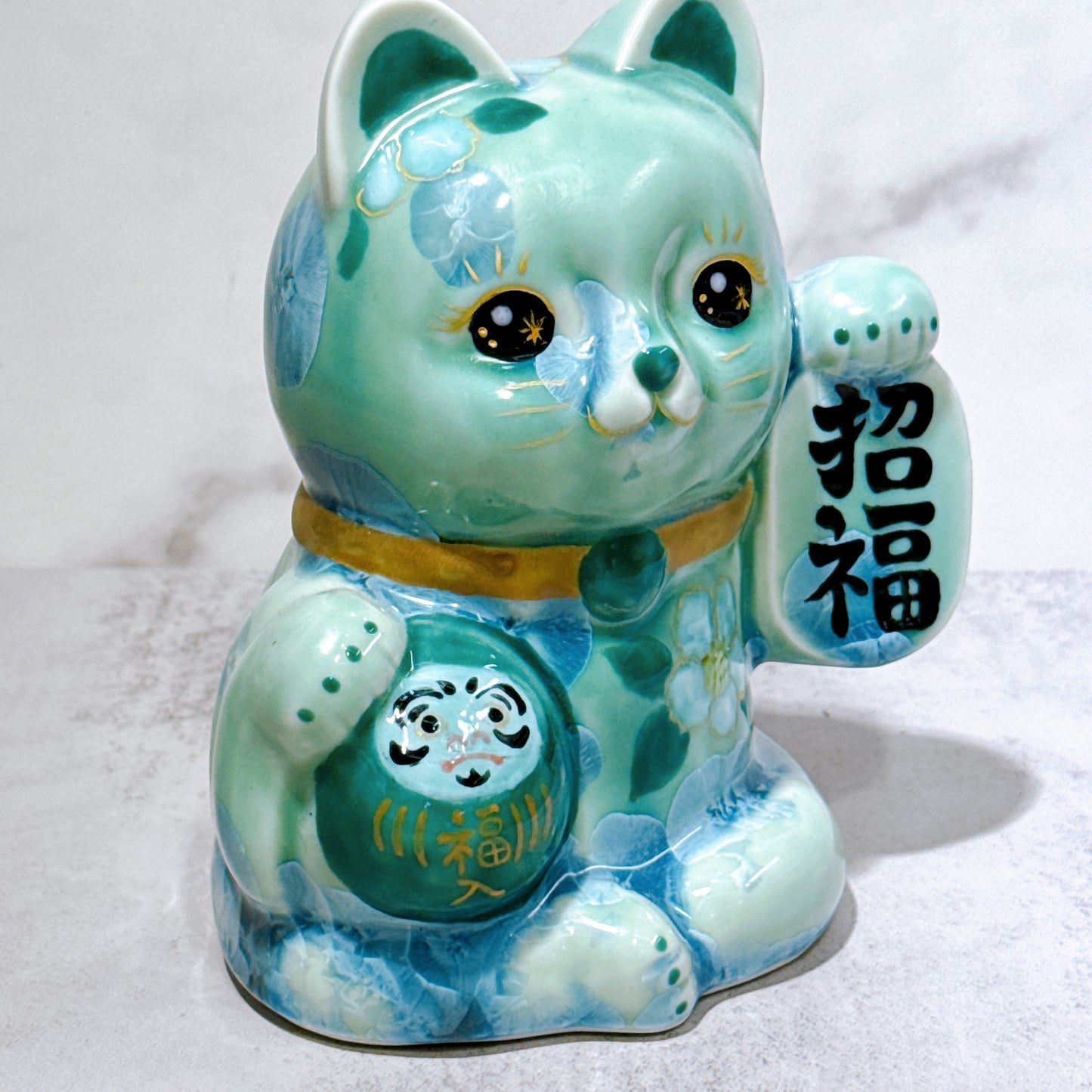 日本清水燒招財貓 達摩 花結晶 綠 招福
