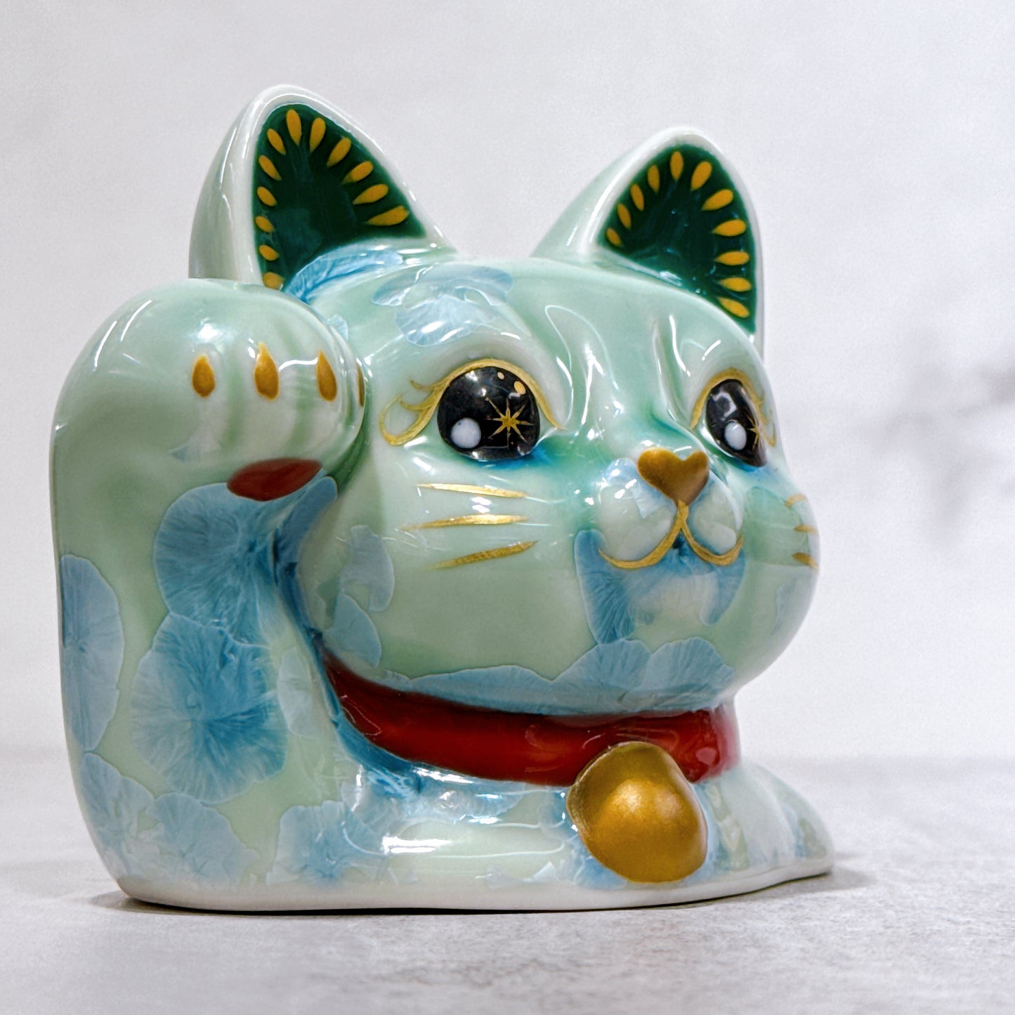 日本清水燒招財貓 貓半身 花結晶 綠