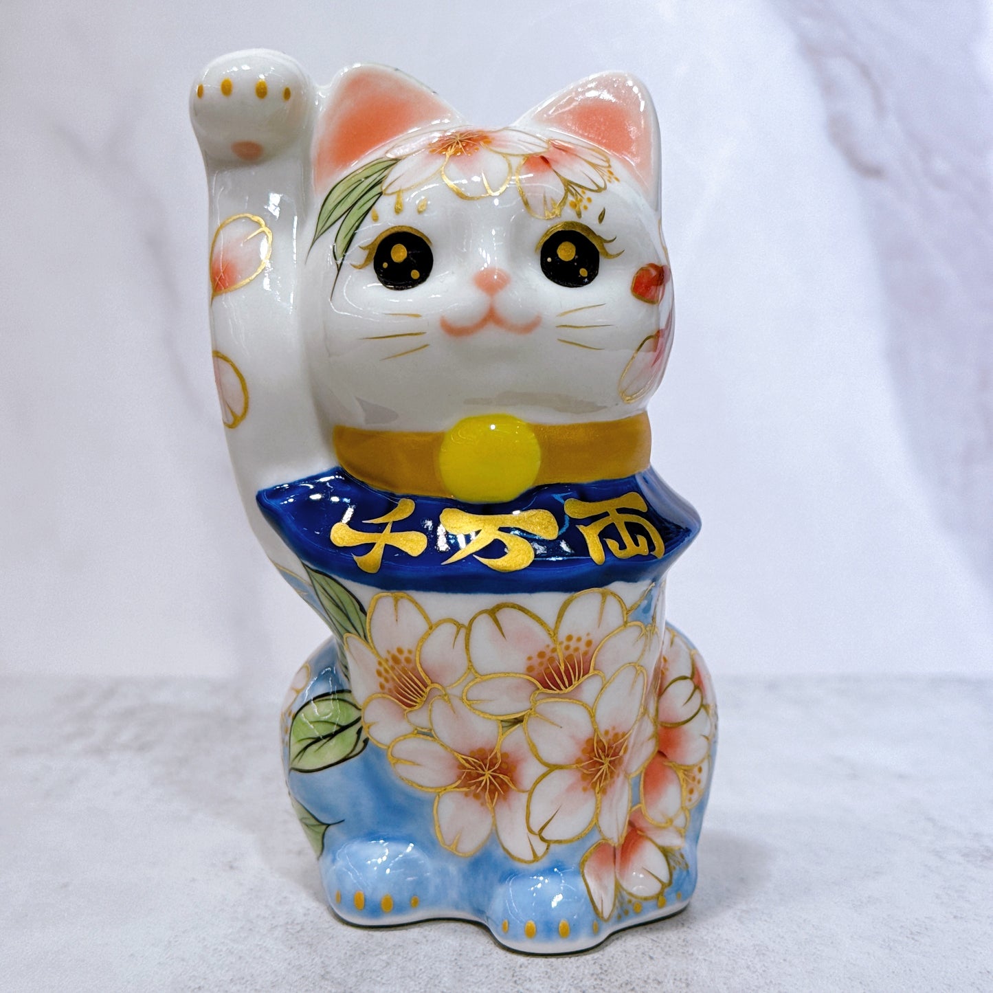 日本清水燒招財貓 色繪 富士櫻