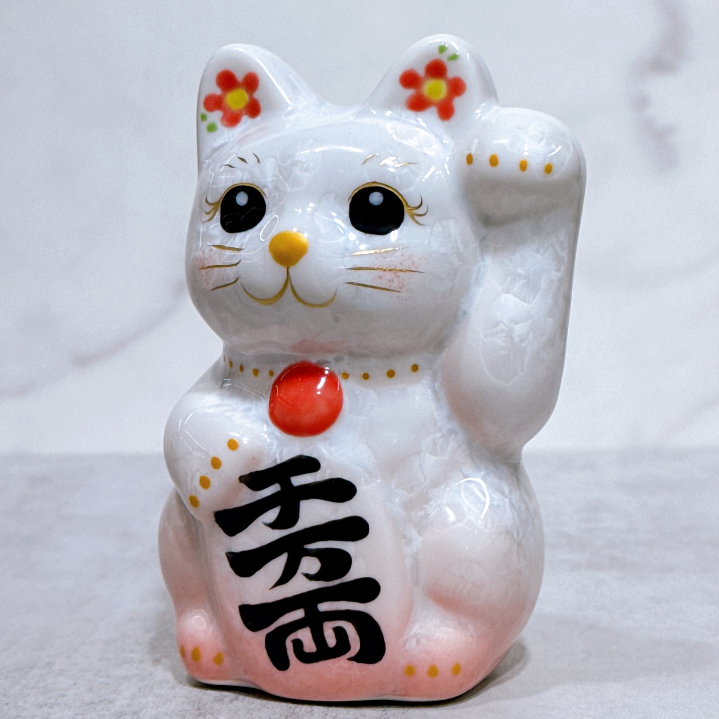 日本清水燒招財貓 花結晶 桃白 左 特小