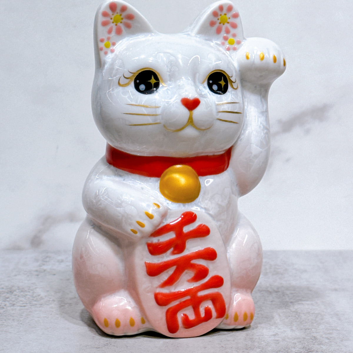 日本清水燒招財貓 花結晶 桃白 千万両 左