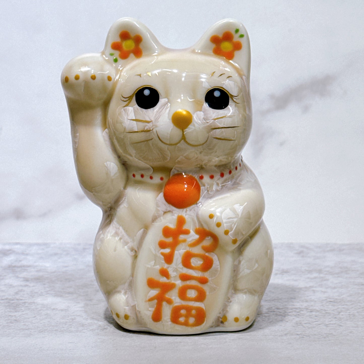 日本清水燒招財貓 花結晶 杏 右 特小