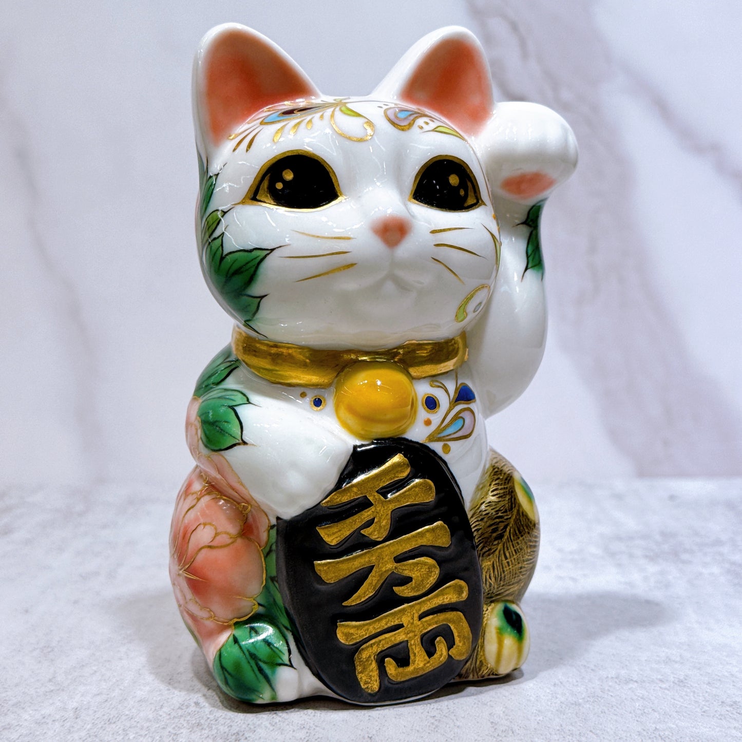 日本清水燒招財貓 色繪 孔雀牡丹圖