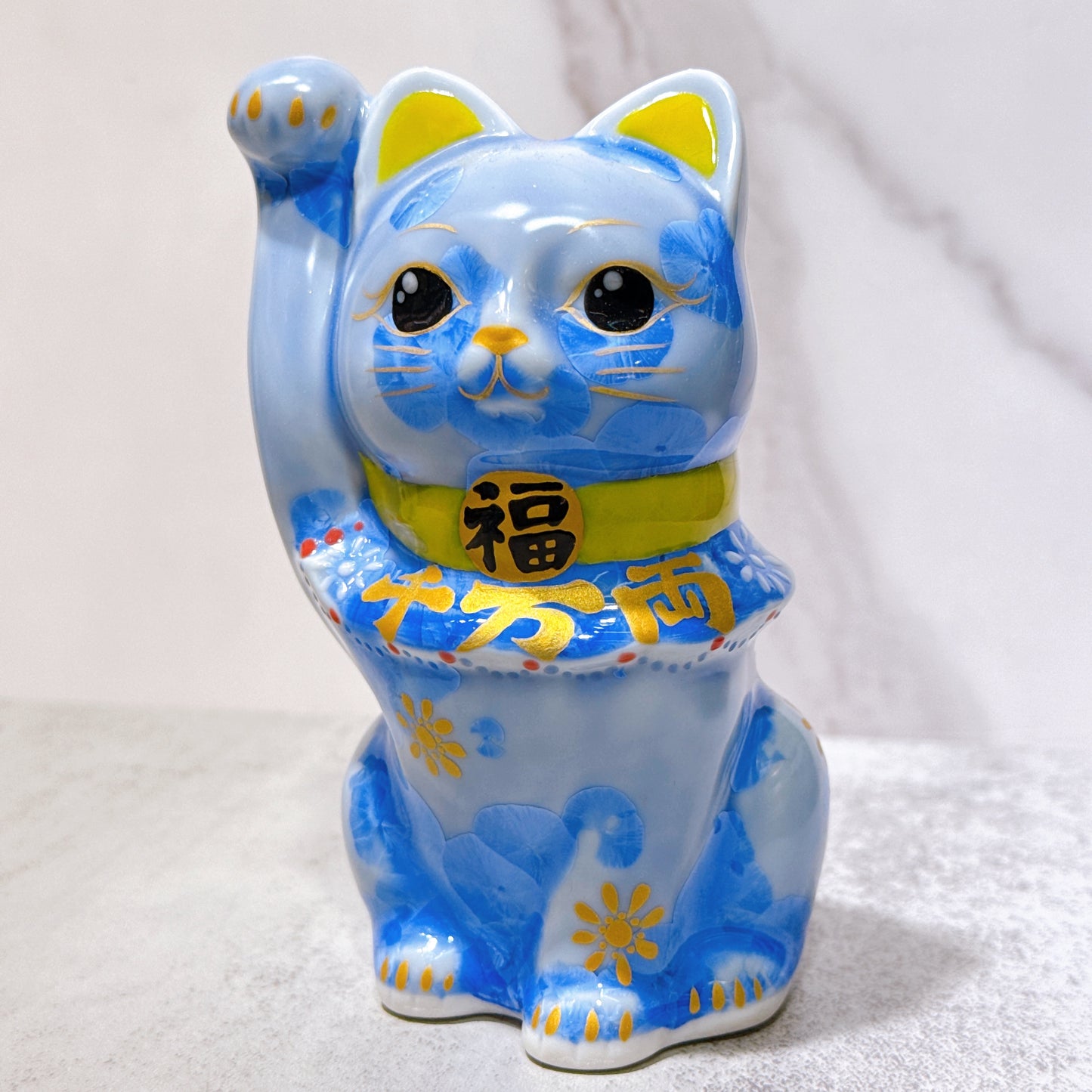 日本清水燒招財貓 花結晶 青 千万両