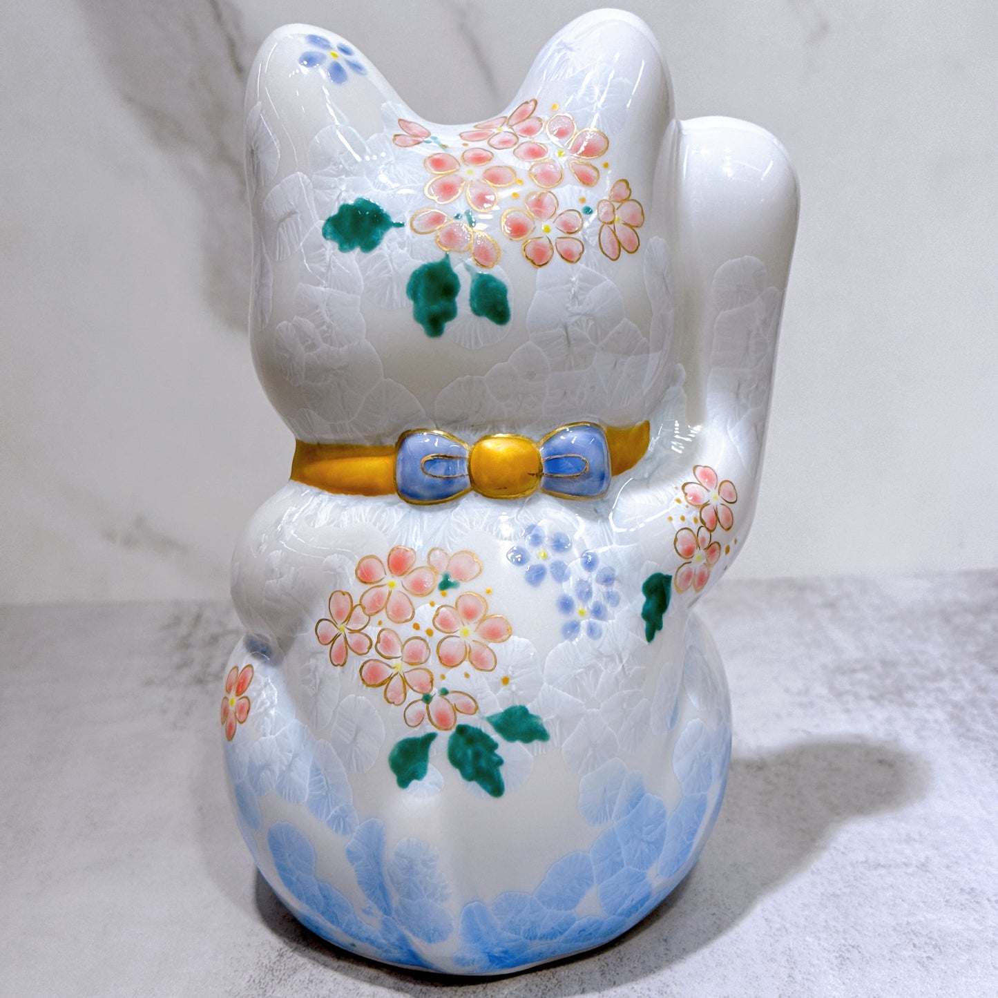 日本清水燒招財貓 花結晶 青白 億万両 体花 特大 右