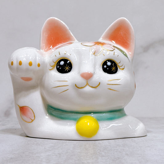 日本清水烧招财猫 色绘 猫半身 彩樱绿