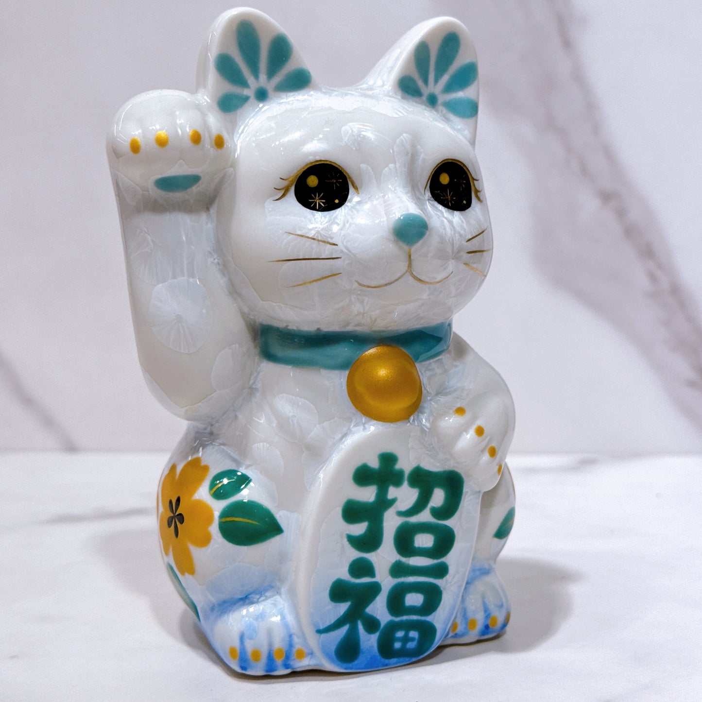 日本清水燒招財貓 花結晶 青白 体花 招福 右