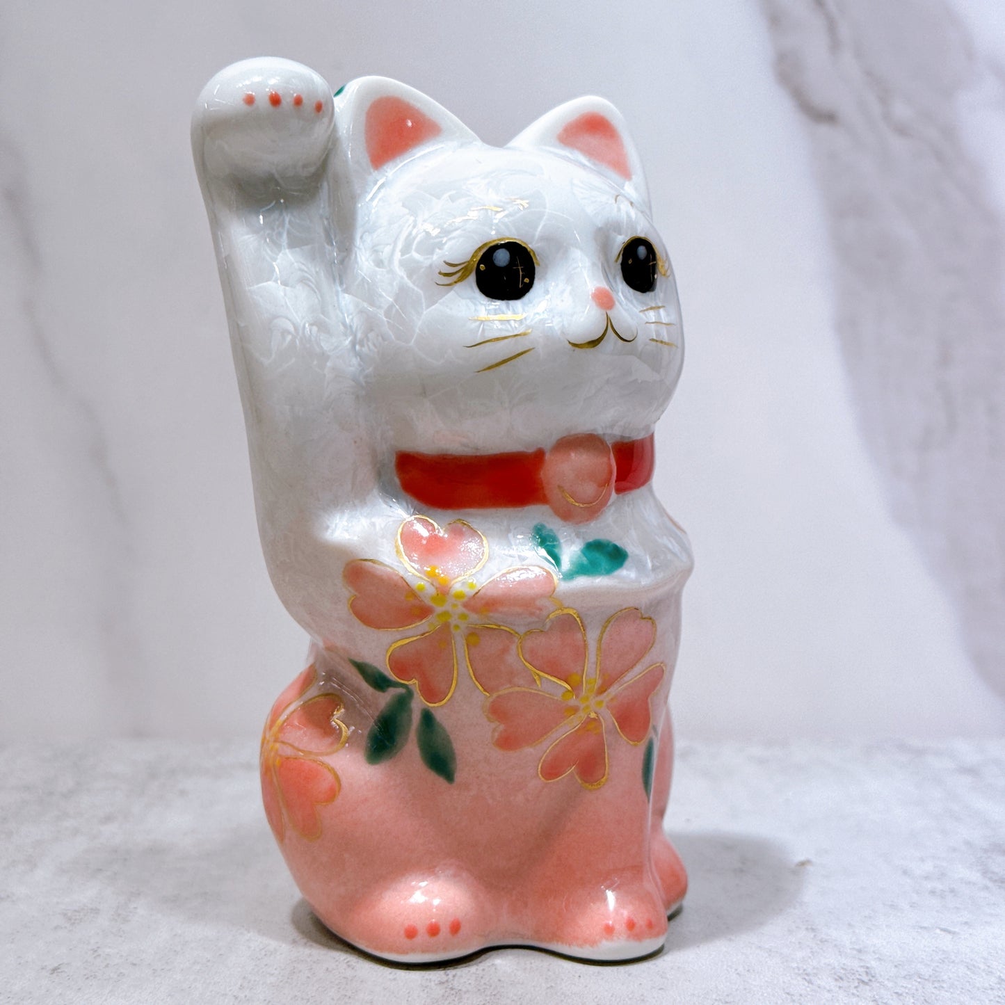 日本清水燒招財貓 花結晶 桃白 体花