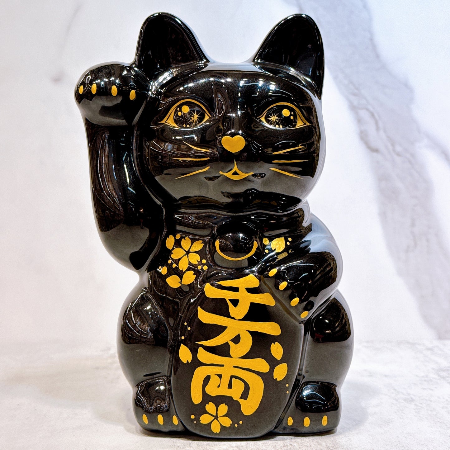 日本清水燒招財貓 色繪 黑地金櫻 特大