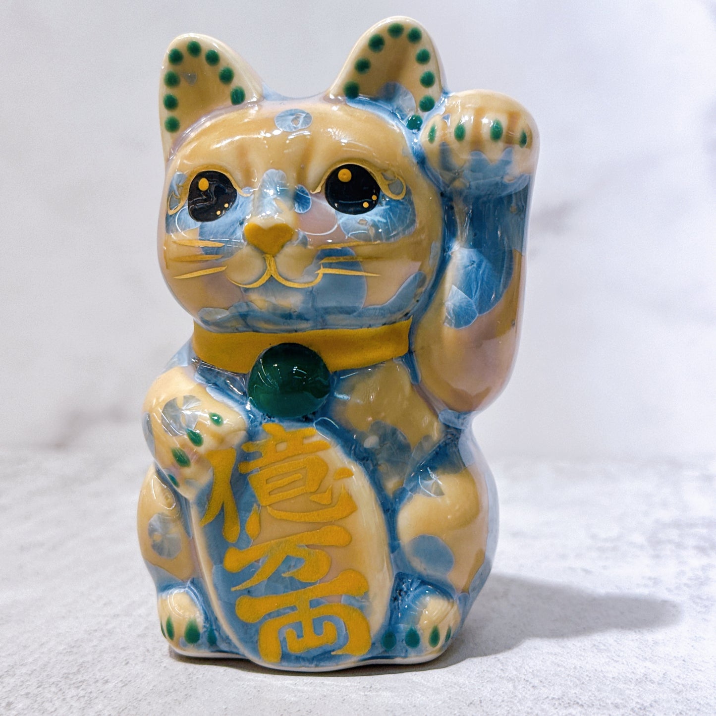 日本清水烧招财猫花结晶灰青亿万両特小