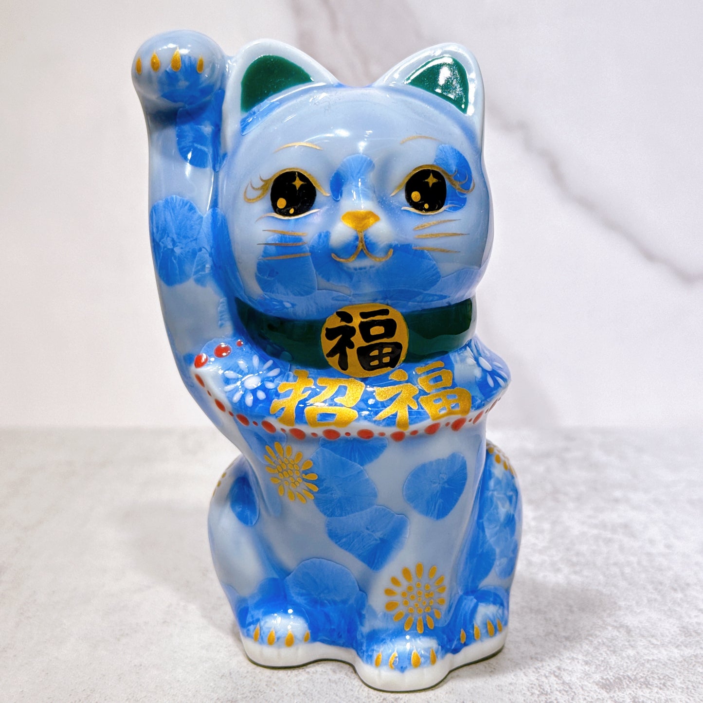 日本清水燒招財貓 花結晶 青 招福
