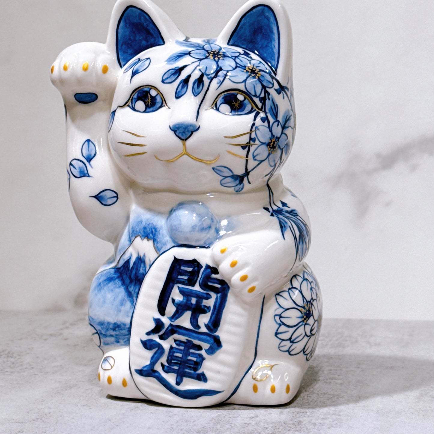 日本清水燒招財貓 染付 富士櫻 金彩