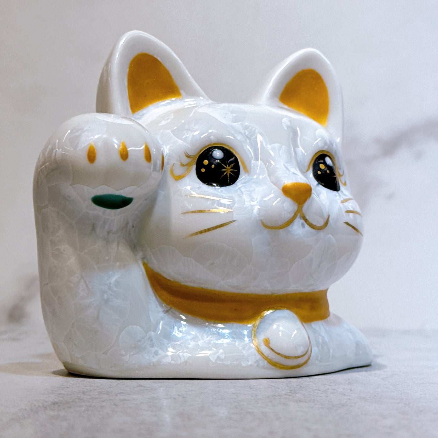 日本清水燒招財貓 貓半身 花結晶 白