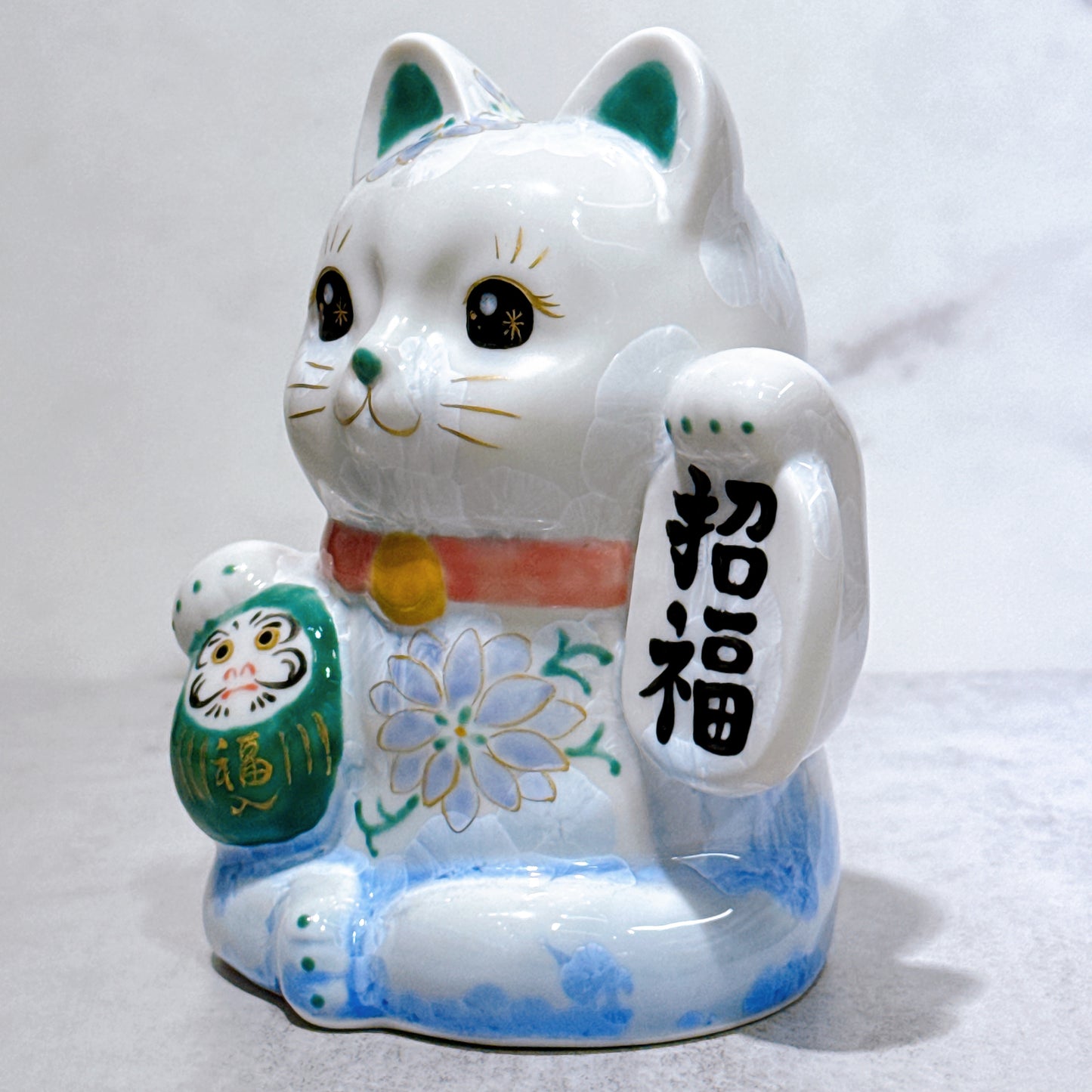 日本清水燒招財貓 達摩 花結晶 青白 招福
