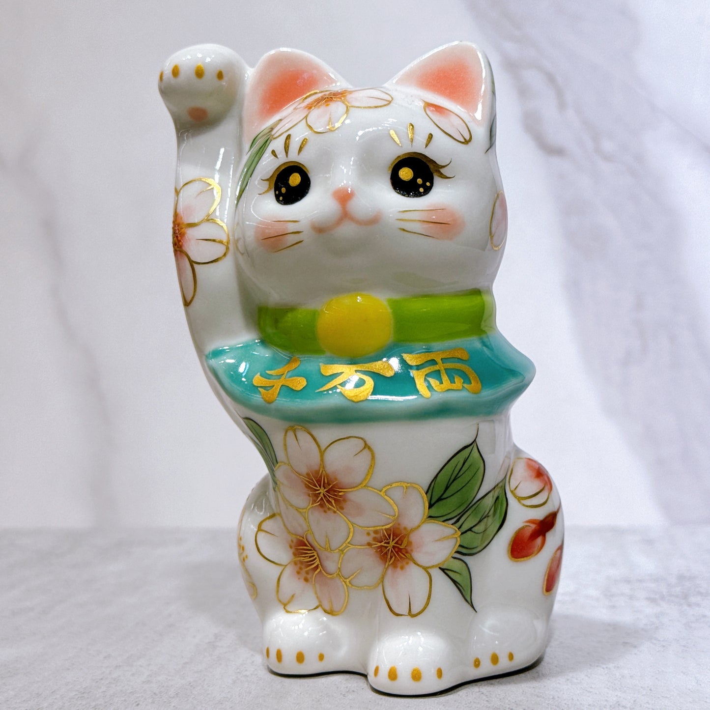 日本清水燒招財貓 色繪 櫻 千万両