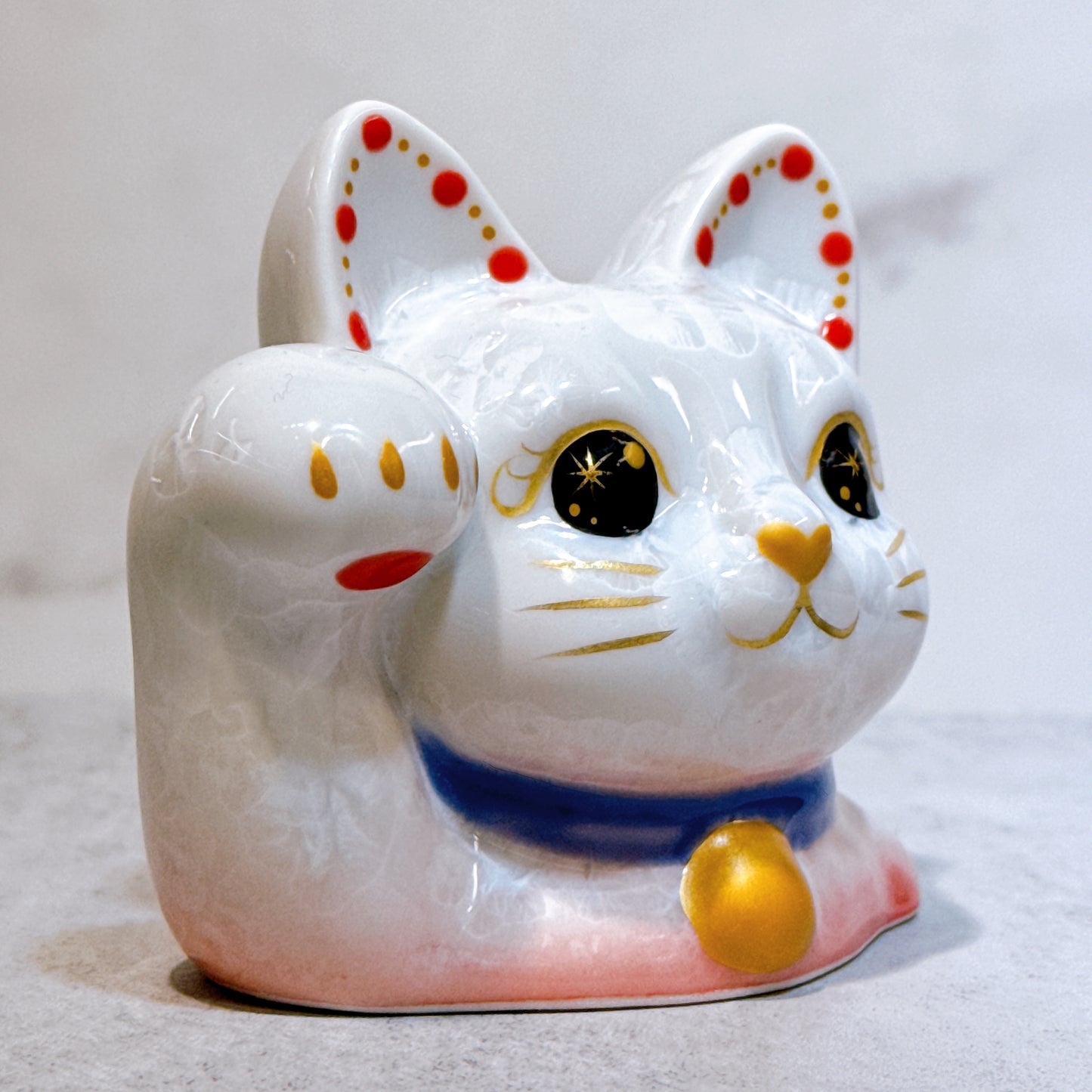 日本清水燒招財貓 貓半身 花結晶 桃白