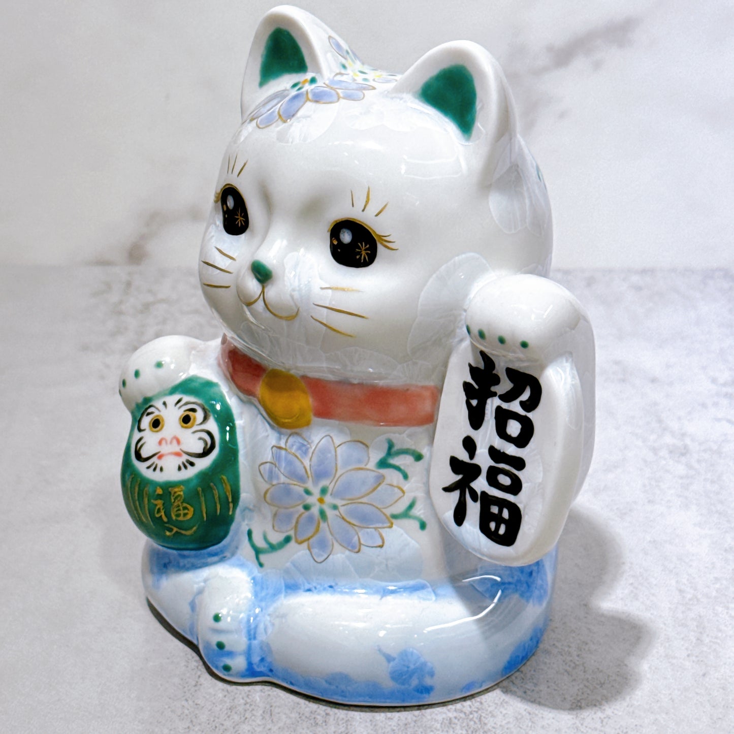 日本清水燒招財貓 達摩 花結晶 青白 招福