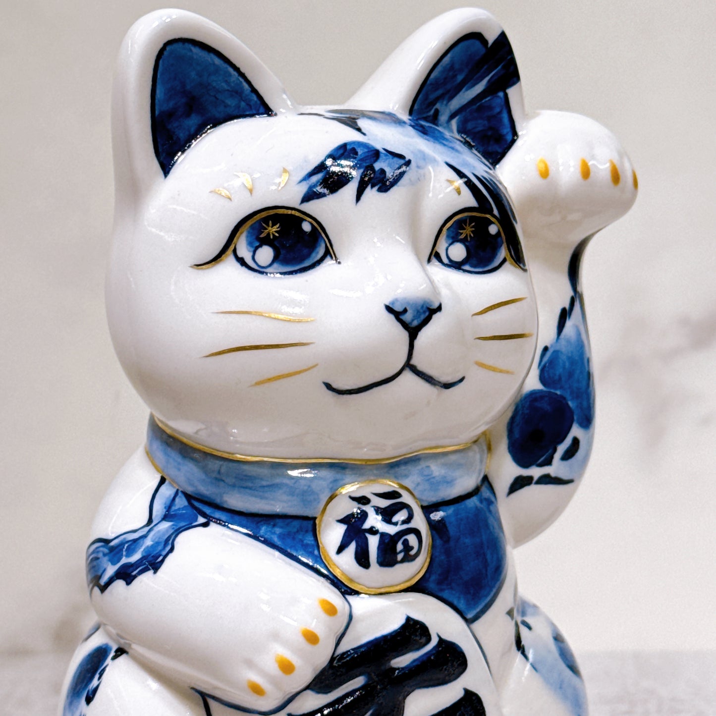 日本清水燒招財貓 染付 鳥 金彩