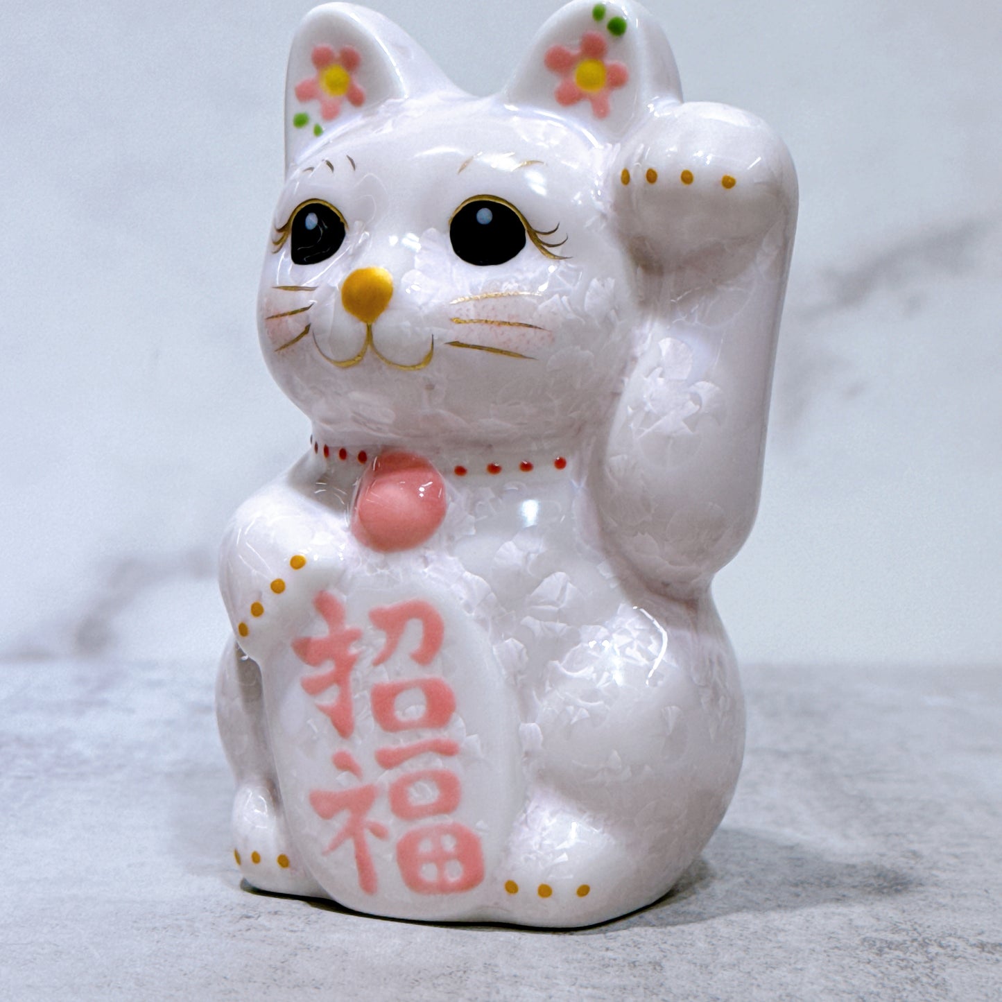 日本清水燒招財貓 花結晶 桃 左 特小