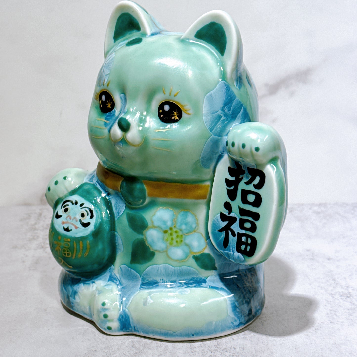 日本清水燒招財貓 達摩 花結晶 綠 招福