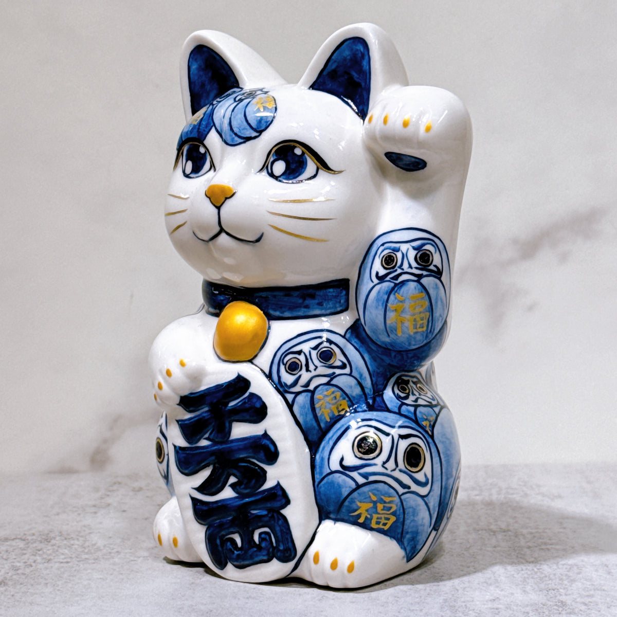 日本清水燒招財貓 染付 達摩 描詰 金彩