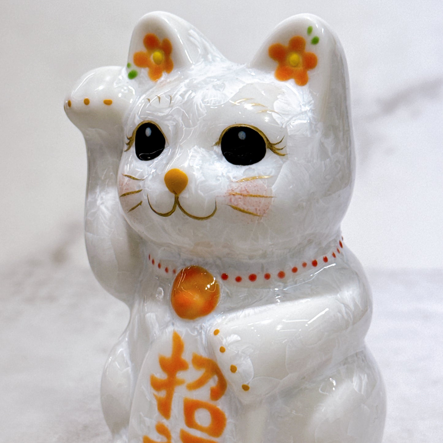 日本清水燒招財貓 花結晶 白 招福 右 特小