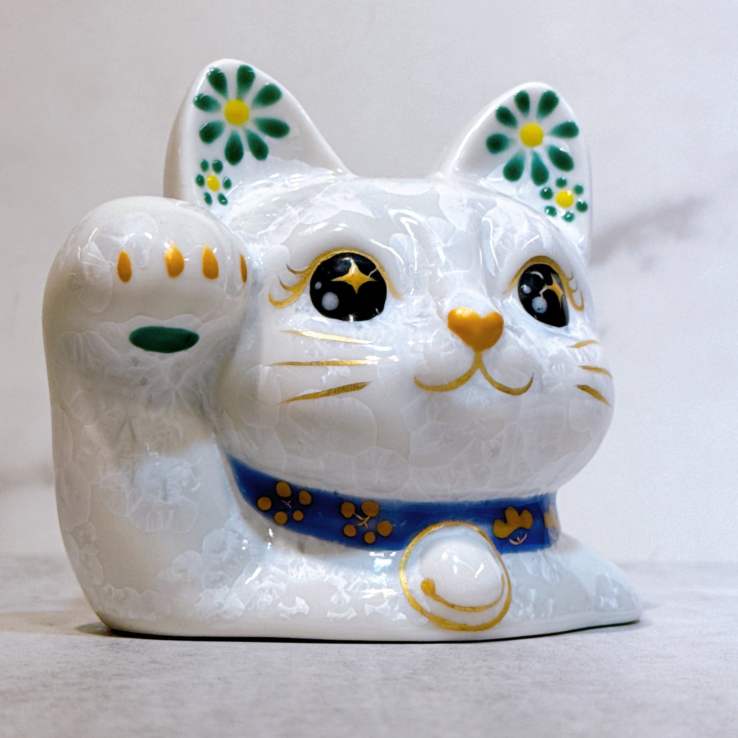 日本清水燒招財貓 貓半身 花結晶 白