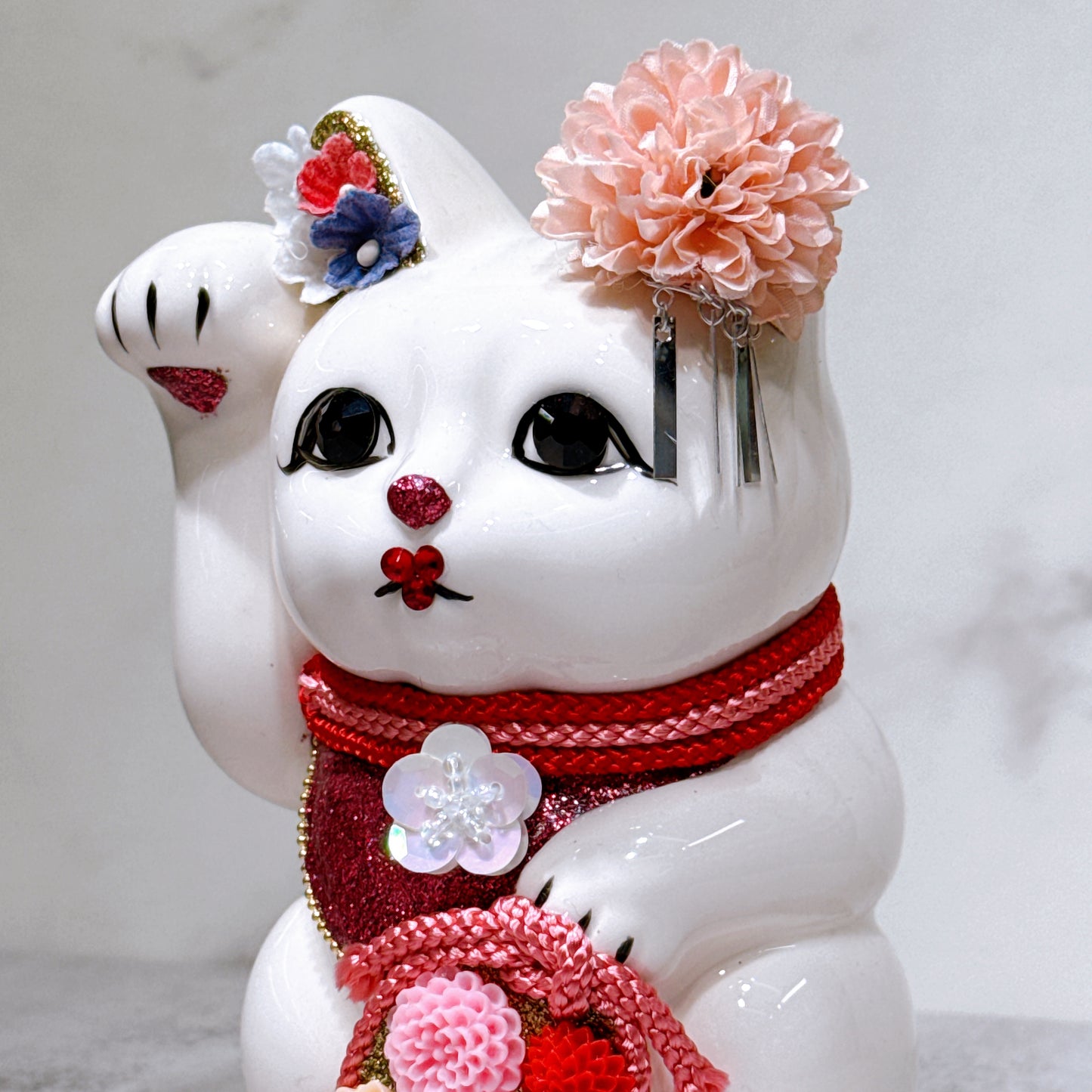 日本花見招財貓 繽紛花韻 5號 白 右