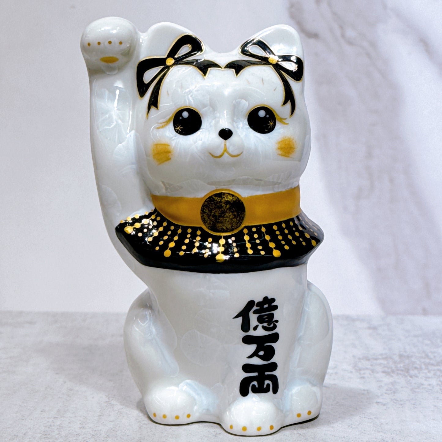 日本清水燒招財貓 花結晶 白 白体花 億万両