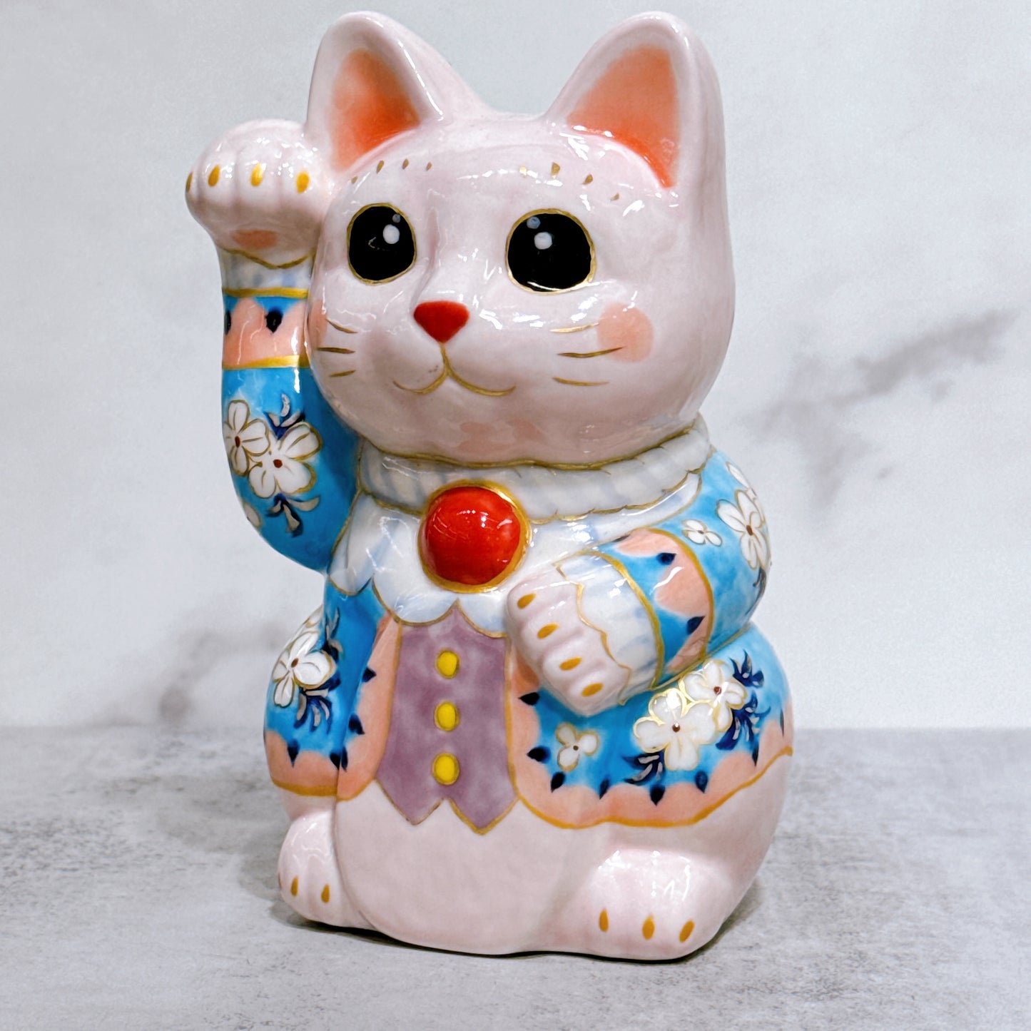 日本清水燒招財貓 色繪 籃貓福櫻