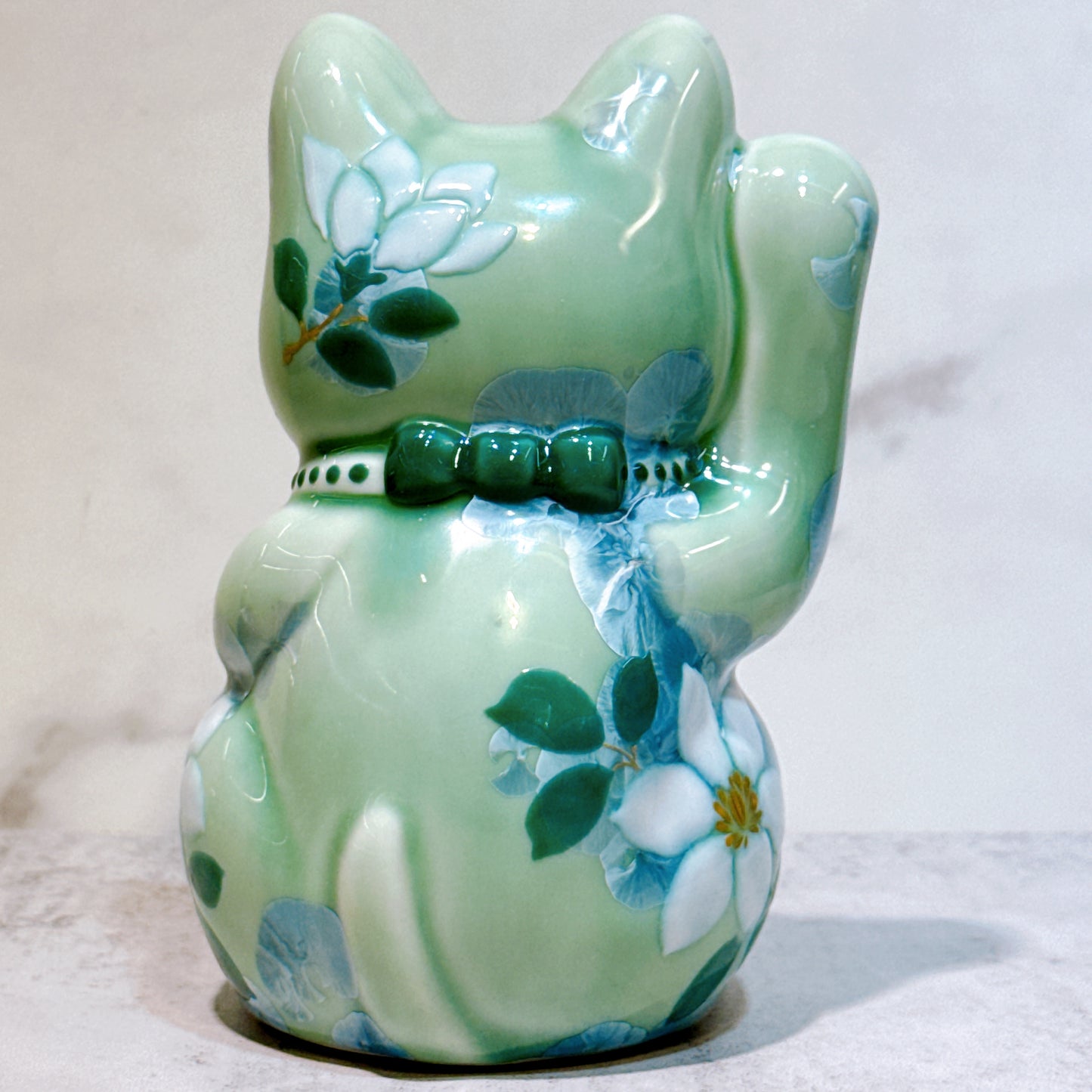 日本清水燒招財貓 花結晶 綠 招福 体花 右