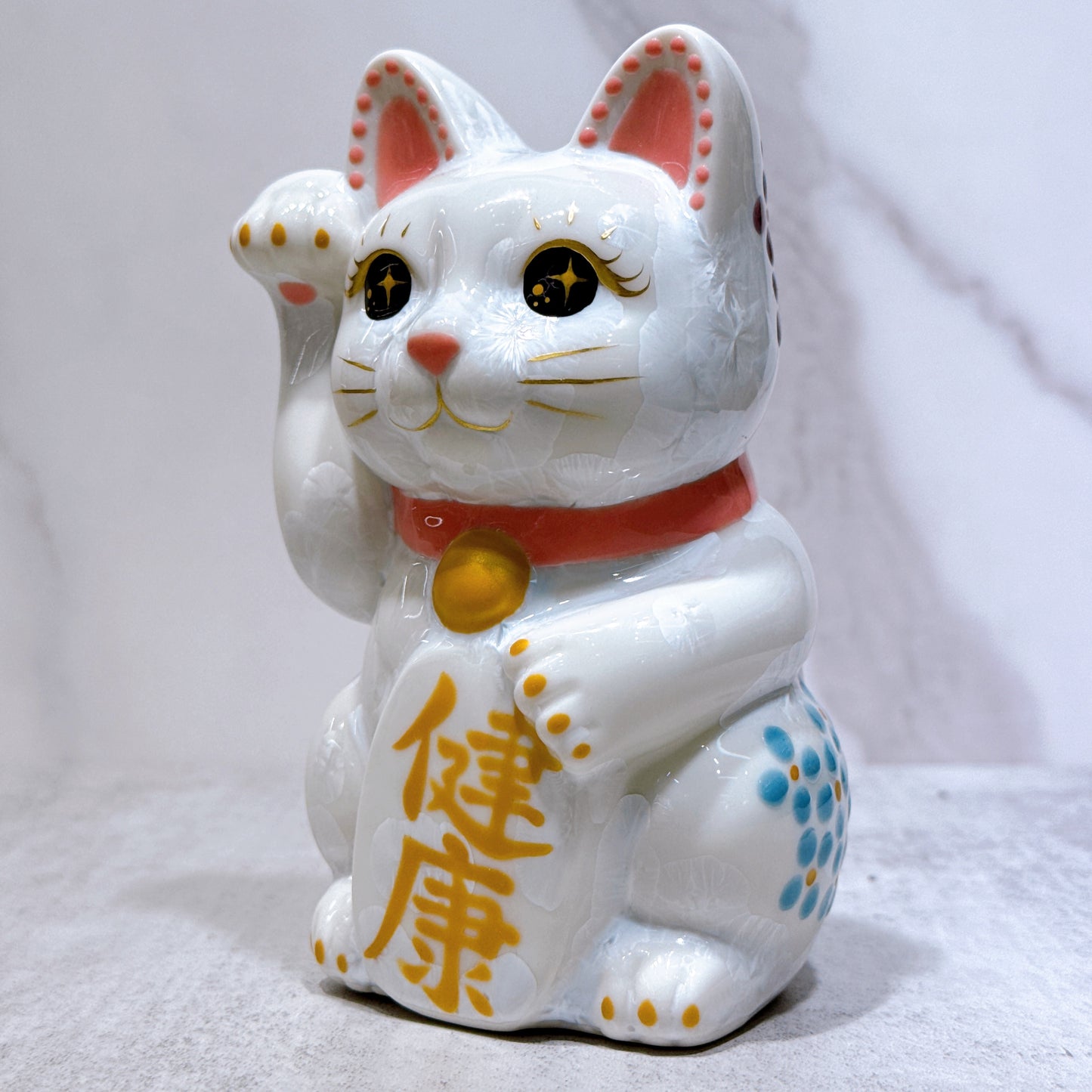 日本清水烧招财猫 花结晶 白 体花 健康 右