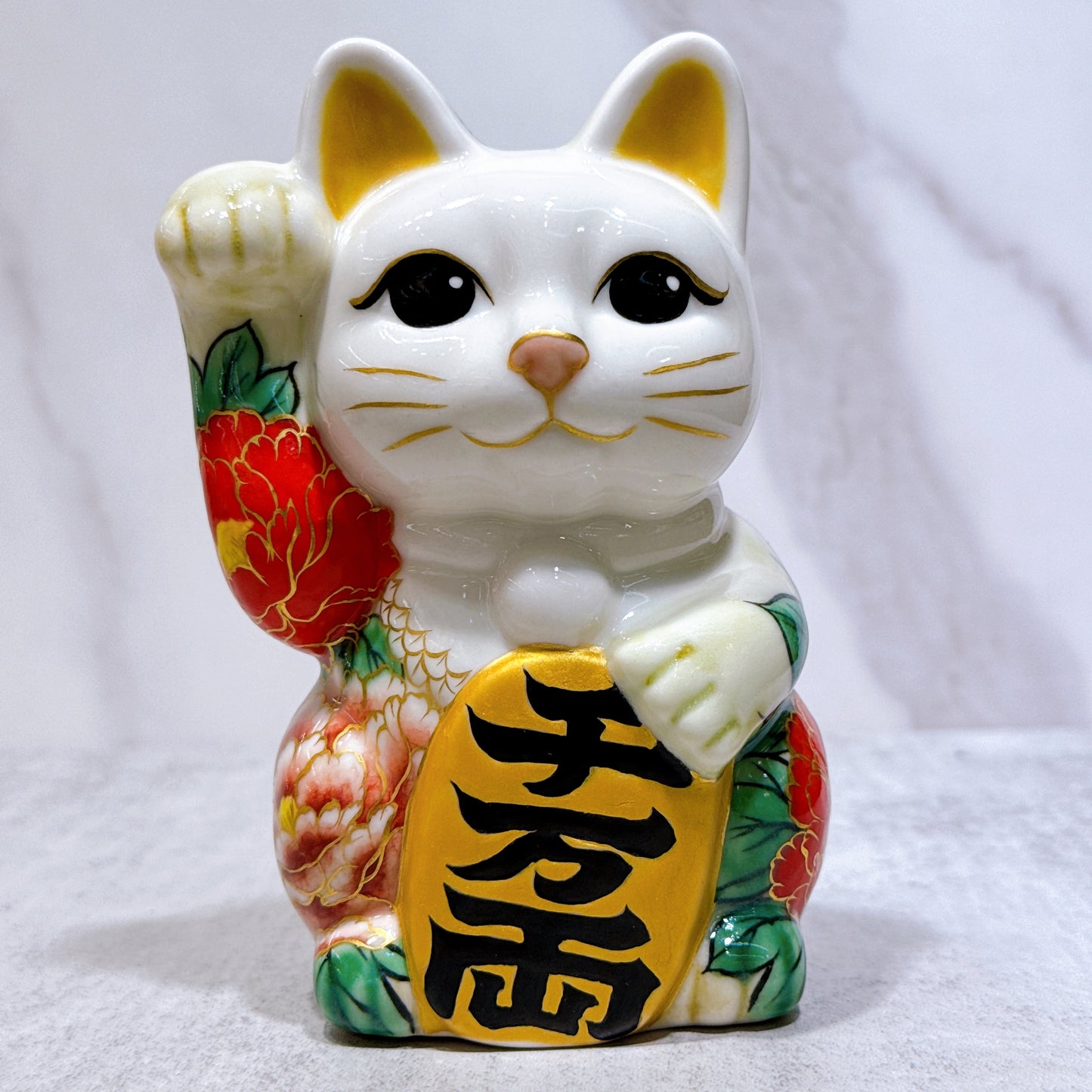 日本清水燒招財貓 色繪 孔雀