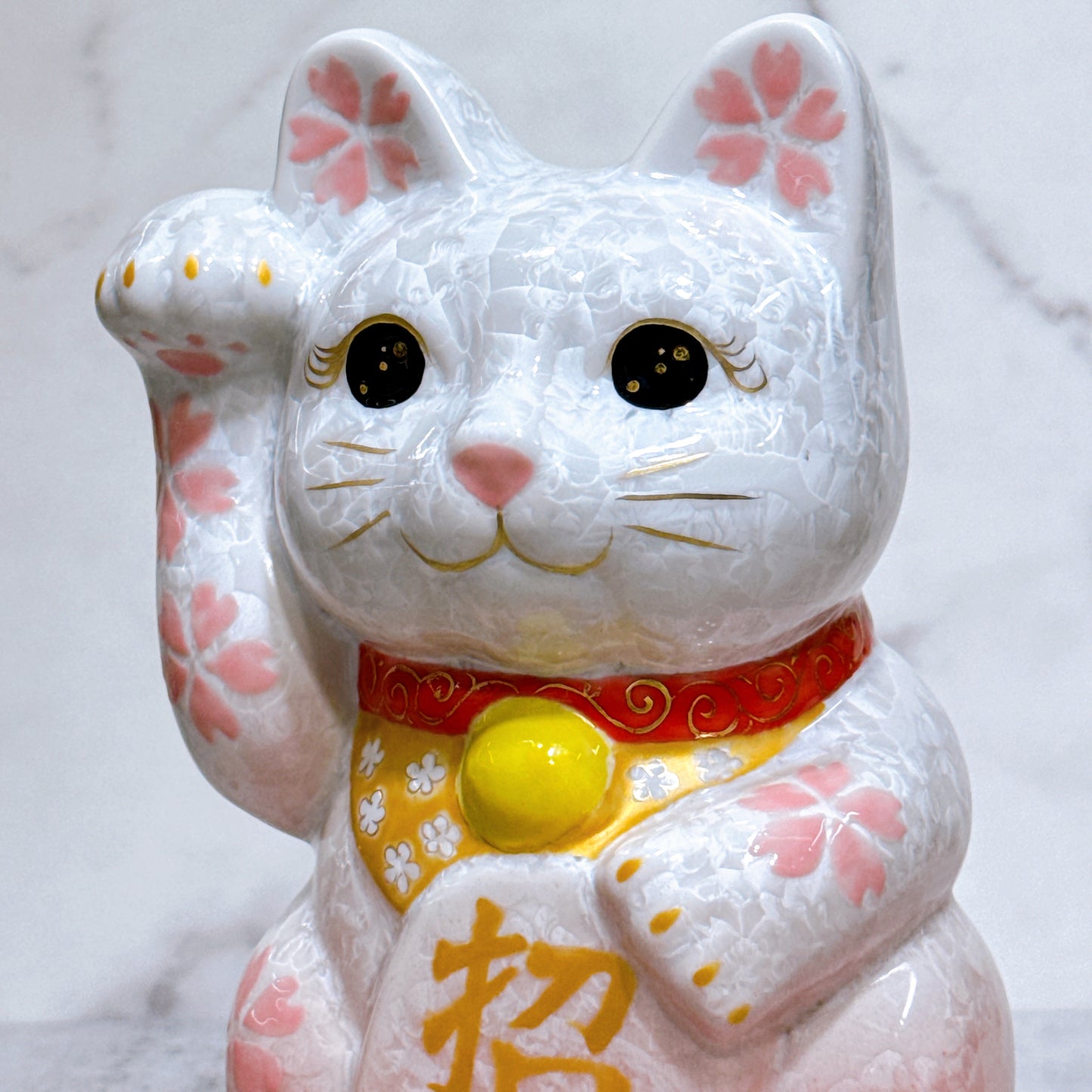 日本清水燒招財貓 花結晶 桃白 体花 特大 右