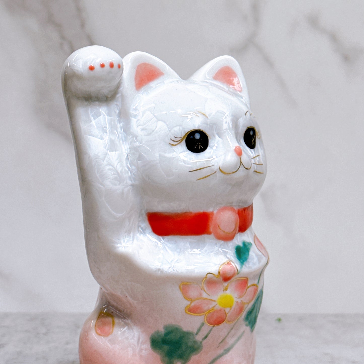 日本清水燒招財貓 花結晶 桃白 体花