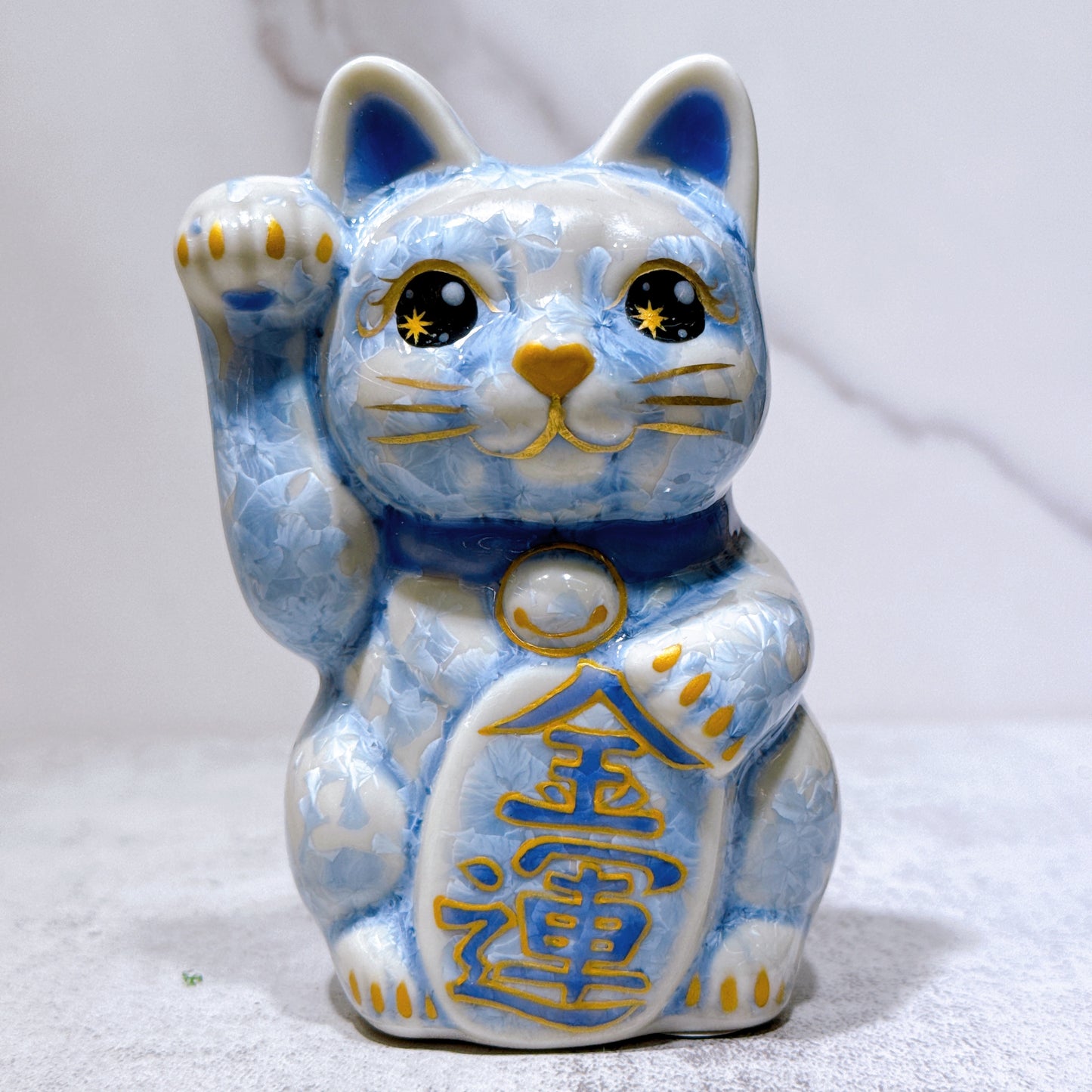 日本清水燒招財貓 花結晶 銀藤 金運 右 特小