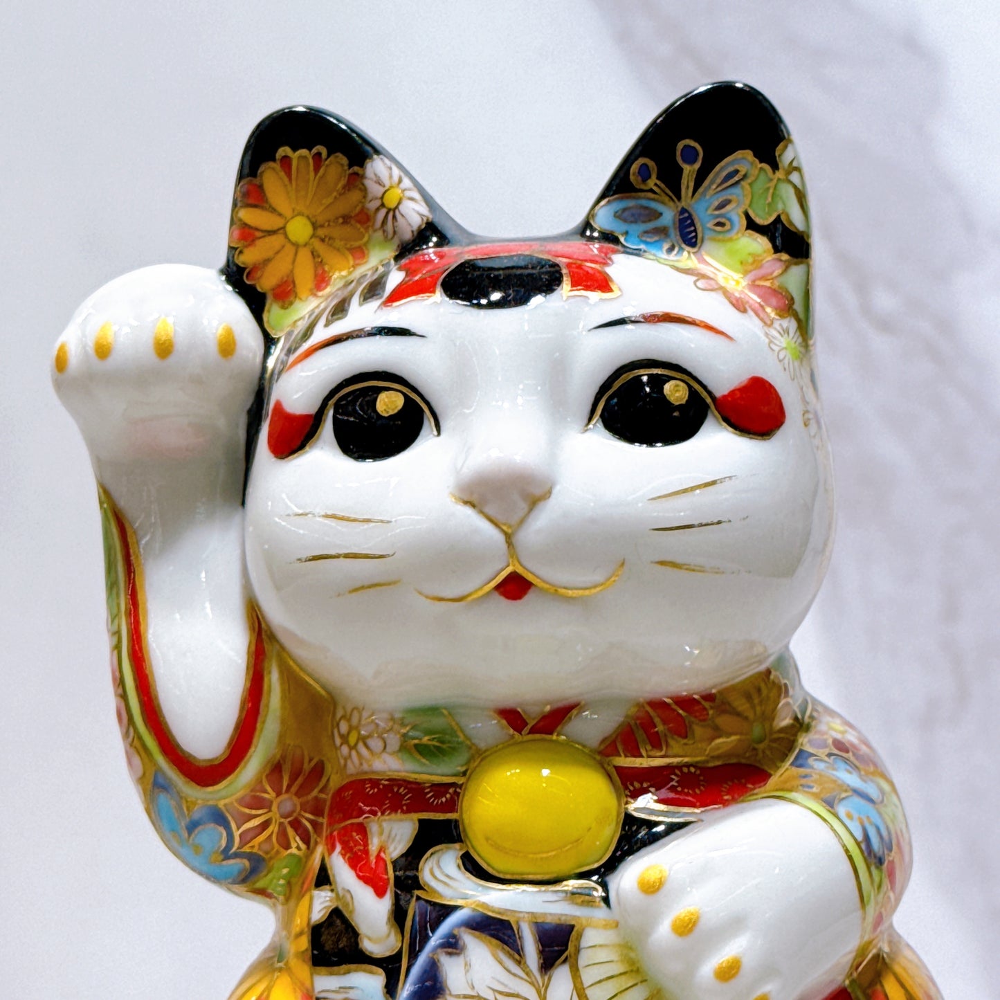 日本清水烧招财猫 色绘 舞妓 黄金牡丹鲤