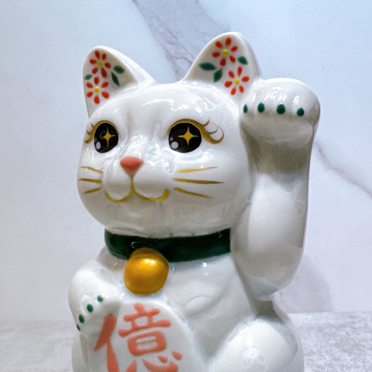 日本清水燒招財貓 花結晶 白 億万両 左