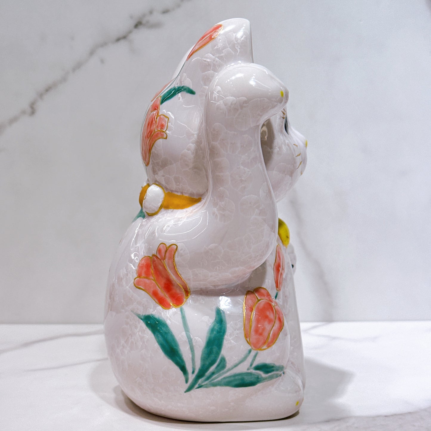 日本清水燒招財貓 花結晶 桃 億万両 体花 特大 右