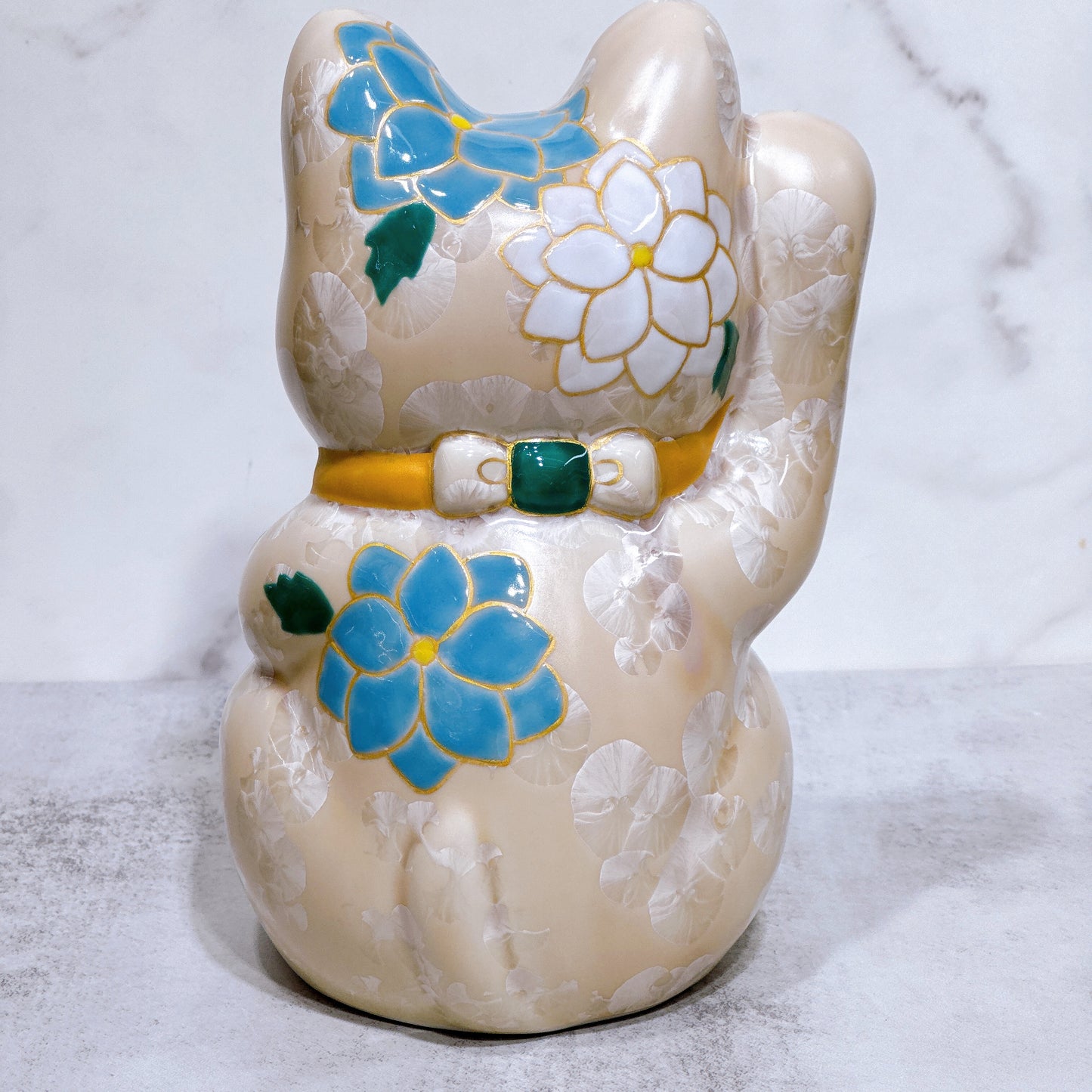 日本清水燒招財貓 花結晶 杏 招福 体花 特大 右