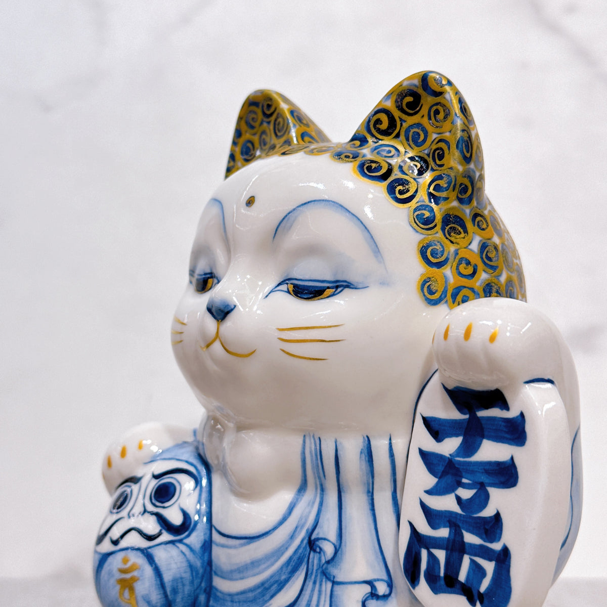 日本清水燒招財貓 達摩 染付 金彩 佛陀