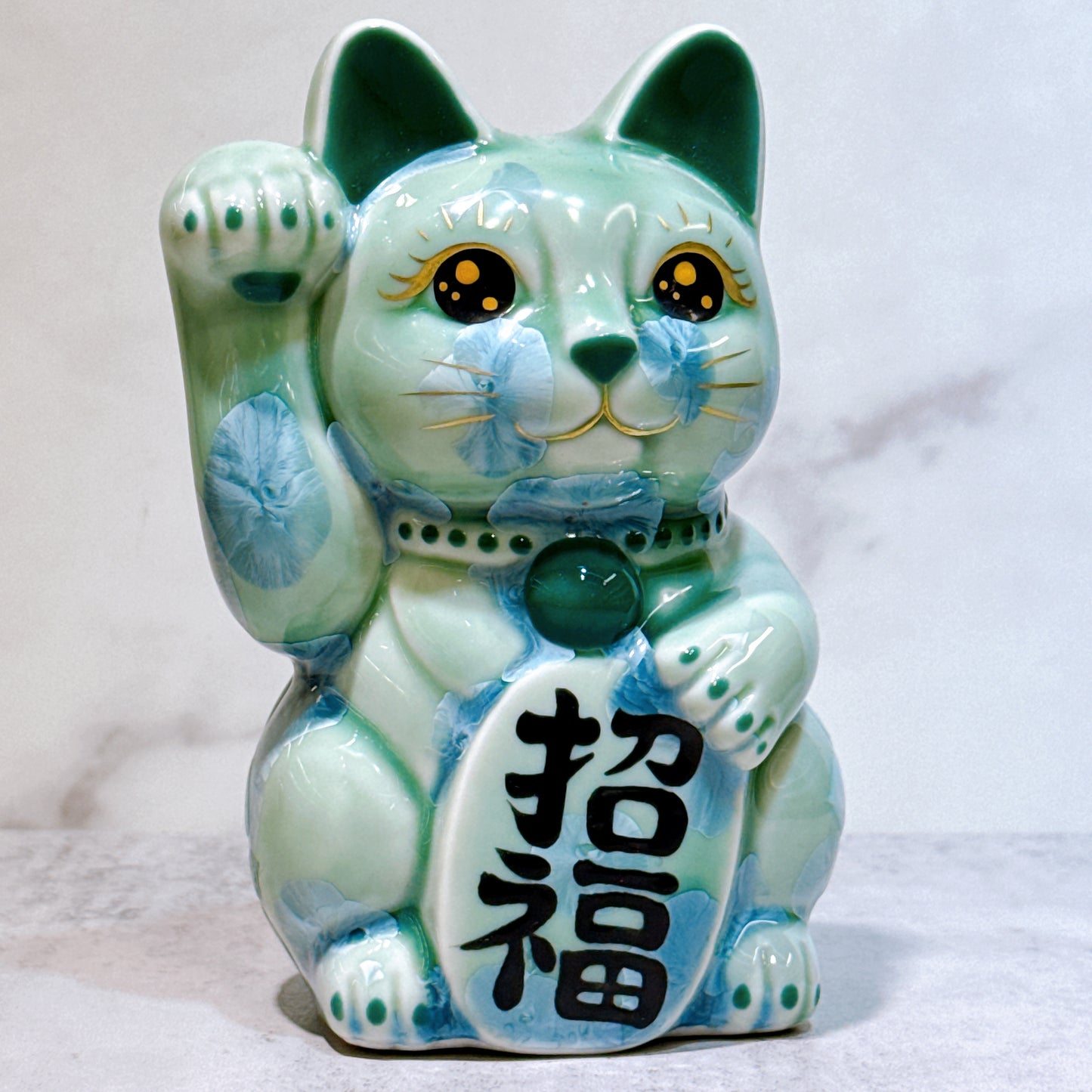 日本清水燒招財貓 花結晶 綠 招福 体花 右